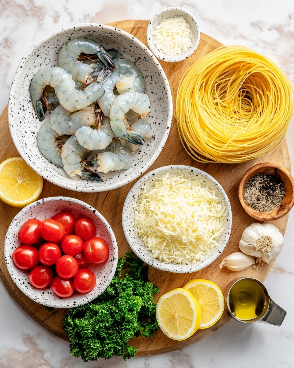 The image shows raw shrimp with a shiny light blue and white color, placed in a white bowl with black speckles on the top left. Below it, there is a bunch of long, uncooked yellow spaghetti lying on a wooden board. Next to the shrimp on the right side, there is a white bowl filled with finely shredded white cheese. Toward the bottom left, another white bowl with black speckles holds small, shiny red cherry tomatoes. At the bottom center, there are two lemon halves showing their yellow juicy flesh. Fresh green parsley is spread next to the lemons. There are peeled white garlic cloves and a small wooden bowl with salt and pepper near the center bottom. A small metal cup filled with olive oil is also visible on the right side near the shrimp bowl. All of this is placed on a wooden board with a white marbled surface background. Photo taken with an iphone --ar 4:5 --v 7
