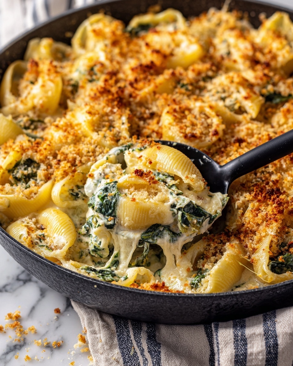 The image shows a close-up of a baked pasta dish in a large black round pan, placed on a white marbled surface with a striped cloth nearby. The dish has several layers: the top layer is golden brown with crunchy, toasted crumbs spread evenly. Underneath, there are large pasta shells filled with creamy white sauce mixed with green spinach leaves and pieces of light meat. A black spoon is scooping out some pasta shells from the pan, revealing the creamy layers inside with visible green spinach. Photo taken with an iphone --ar 4:5 --v 7