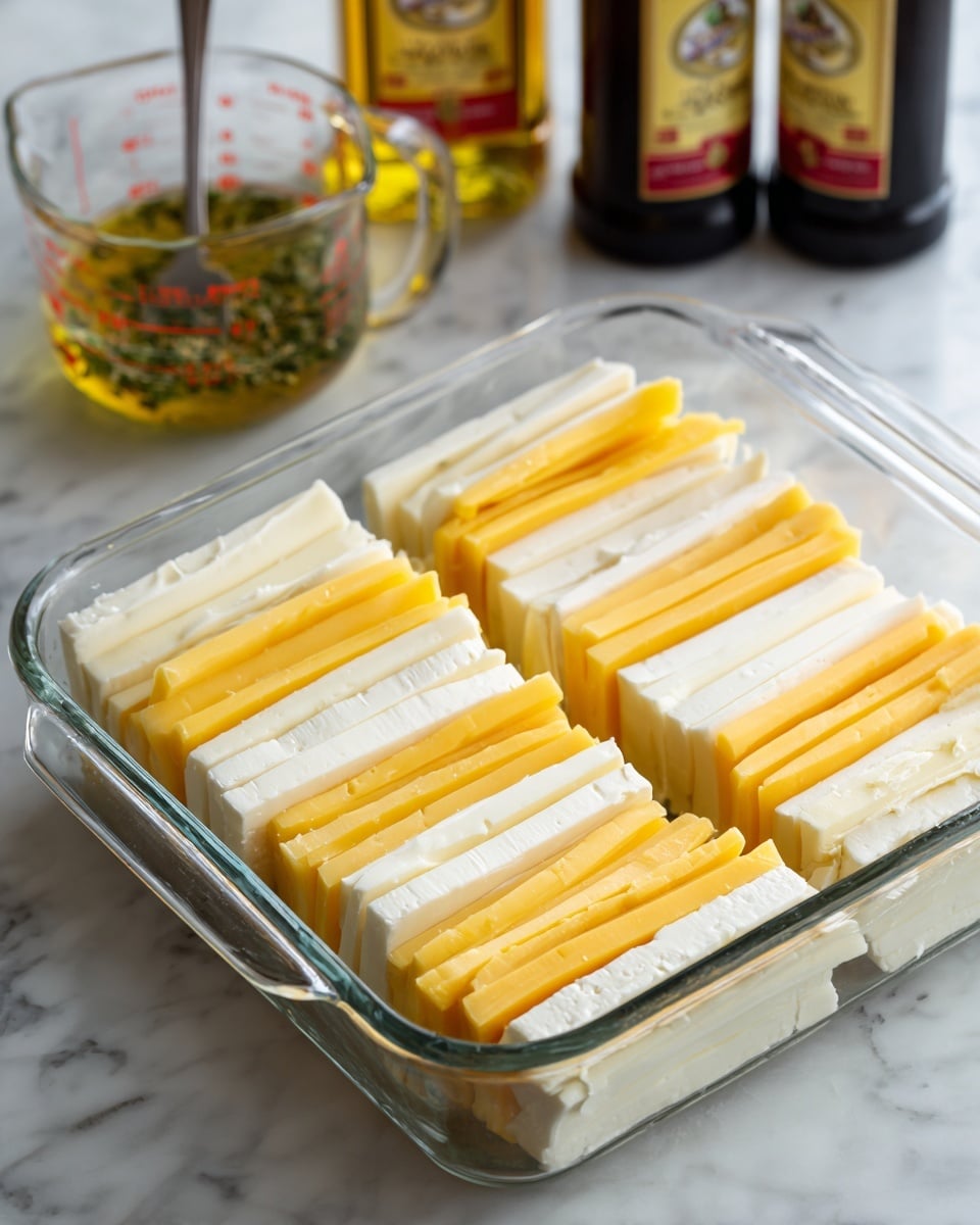 A clear glass baking dish holds rows of layered cheese slices standing upright, with three types of cheese alternating in each row: bright yellow cheddar, creamy off-white mozzarella, and crumbly white feta. The layers create a pattern of thick and thin slices with different textures, all neatly packed and filling the dish. In the background on a white marbled surface, there is a clear measuring cup with a silver spoon inside, showing a yellowish liquid with green herbs, and two bottles, one with a red and yellow label and another darker bottle, are slightly out of focus. photo taken with an iphone --ar 4:5 --v 7