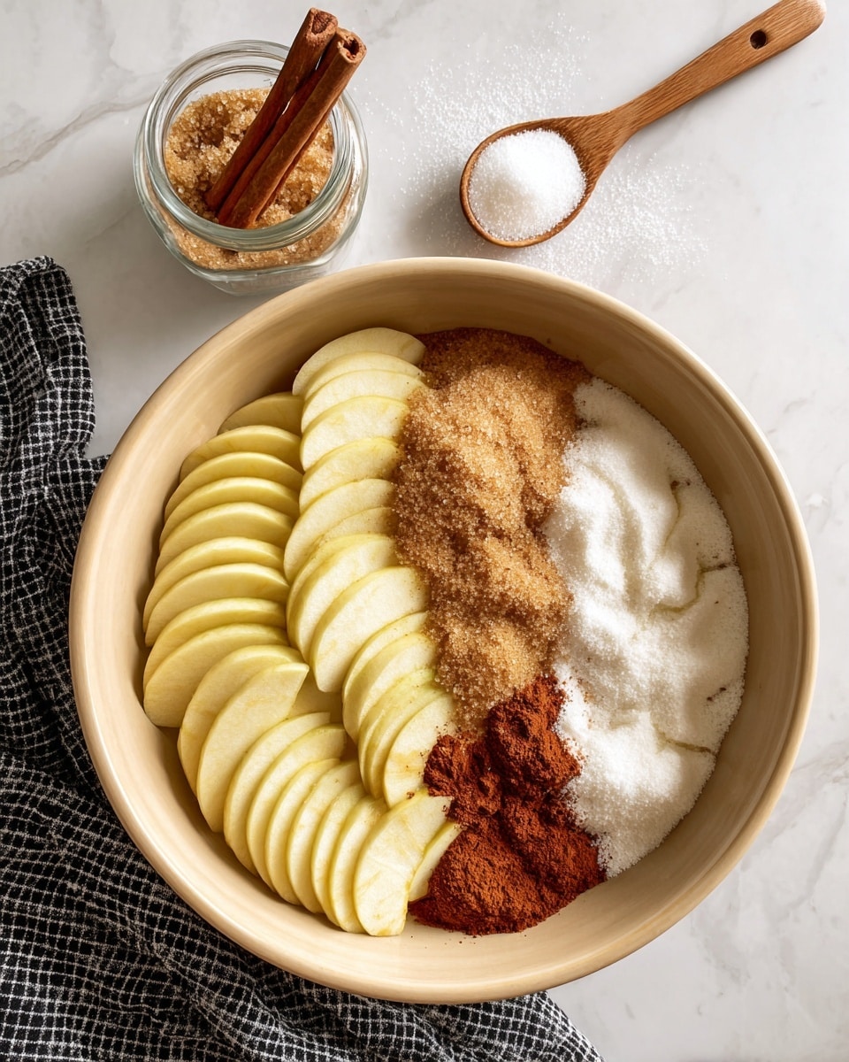 A beige bowl filled with several layers of thin, pale yellow apple slices arranged evenly inside. In the center of the bowl, there is a mound of light brown sugar on the left image, and on the right image, on top of the apple slices, there are added piles of white granulated sugar and reddish-brown cinnamon powder, next to the light brown sugar. Above the bowl, on a white marbled surface, there is a small glass jar filled with cinnamon and a wooden spoon holding white granulated sugar next to it. A black and white checkered cloth is partially visible under the bowl along the bottom edge. Photo taken with an iphone --ar 4:5 --v 7