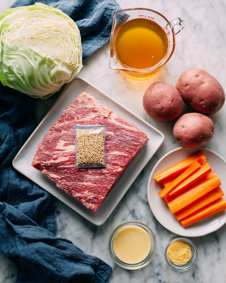 A white square dish holds a large piece of raw corned beef with visible texture and marbling, topped with a small clear packet of seasoning containing brown and yellow seeds. Above this, three red potatoes with smooth skins rest on the white marbled surface. To the right, a white plate carries several bright orange carrot sticks, cut lengthwise. Next to the potatoes is a clear glass measuring cup filled with amber apple juice. To the left of the potatoes are two small clear bowls: one with yellow dry mustard powder and the other with smooth, thick honey mustard sauce. At the top left corner, there is a half head of pale green and white cabbage resting on a crumpled dark blue cloth. Photo taken with an iphone --ar 4:5 --v 7