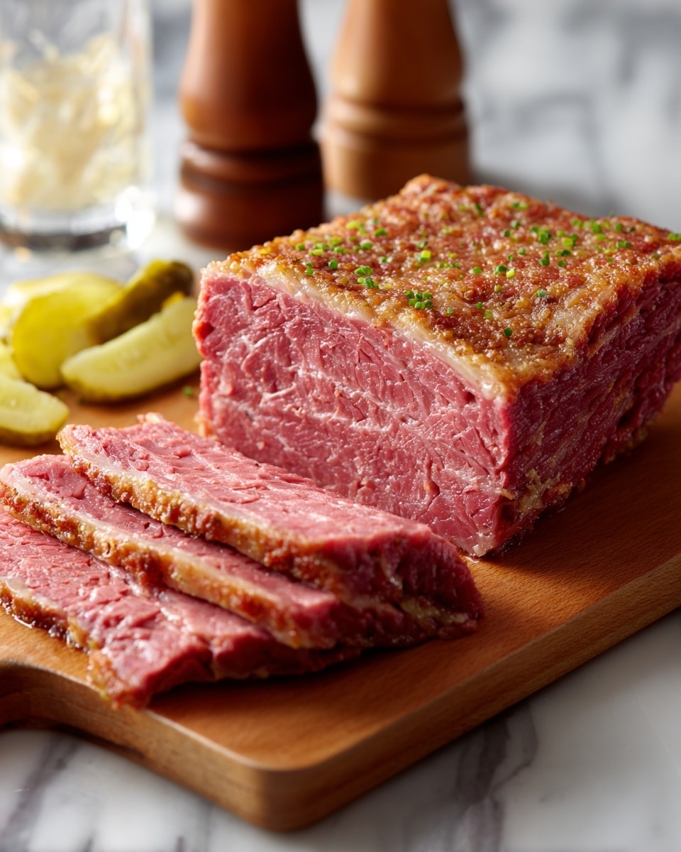 A thick slice of reddish-pink corned beef with a rough, slightly browned crust on top rests on a wooden cutting board, with several thinner slices laid flat in front showing marbled textures and a juicy interior. Behind, a few pale yellow-green pickles sit partly visible, and a blurred glass and two wooden pepper grinders stand against a white marbled surface. The warm colors and detail focus on the meat make it look hearty and fresh. Photo taken with an iphone --ar 4:5 --v 7