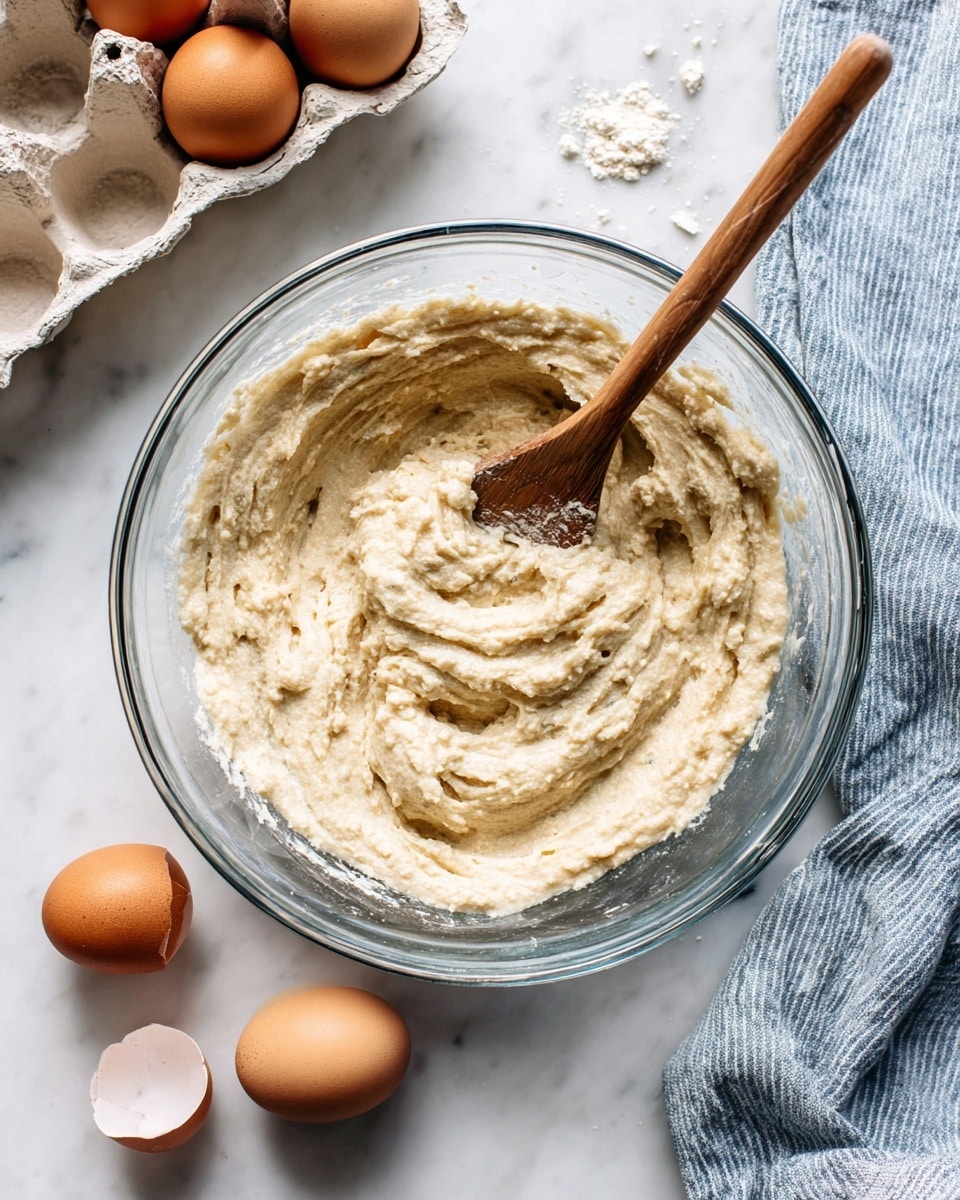 A clear glass bowl filled with a thick, creamy beige mixture that has small chunks throughout, with a wooden spoon resting inside the bowl. The bowl is placed on a white marbled surface, with a few brown eggs some cracked open beside it in a light-colored carton on the left. To the right, there is a blue and white striped cloth, and a woman's hand is seen holding the spoon. The overall setting looks like a kitchen preparing food. Photo taken with an iphone --ar 4:5 --v 7