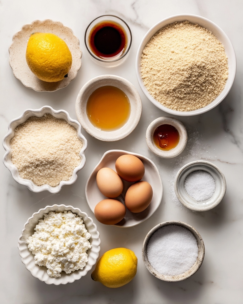 The image shows various baking ingredients neatly arranged on a white marbled surface. At the top right, there is a white bowl filled with light beige almond flour. Next to it on the right, a smaller white dish holds bright white tapioca flour. Below the almond flour, there is a white plate with three brown eggs. To the left of the eggs, two small white bowls contain golden honey and amber vanilla extract. Beneath these, a whole yellow lemon sits on the surface. Below the lemon, there is a fluted white dish with light beige coconut flour. At the bottom left corner, a clear glass bowl holds white ricotta cheese. To the right of the coconut flour, two small round dishes contain white baking soda and kosher salt, both showing a fine, powdery texture. Photo taken with an iphone --ar 4:5 --v 7