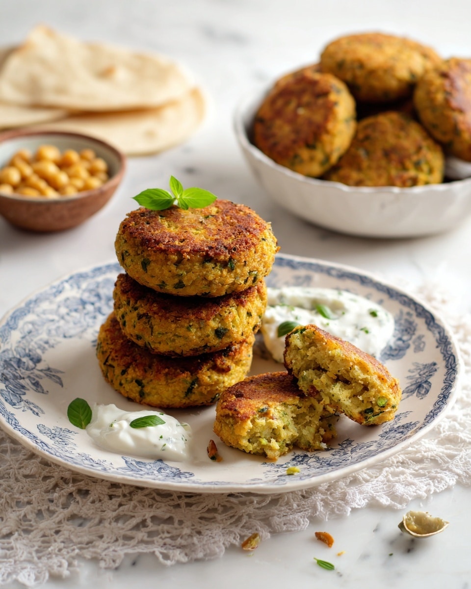 A stack of five golden falafel patties with a rough, crispy texture and green herb flecks sits in the center of a white plate with a blue floral pattern. Around the plate, one falafel is whole and another is broken in half, showing a soft, moist inside with a yellowish-green color. A dollop of white sauce garnished with a small green leaf is on the plate near the broken falafel. In the background, a white bowl holds several more falafels standing up, and next to it, a small white bowl with light yellow chickpeas is visible. Pieces of light beige flatbread rest beside a small brown dish of white creamy sauce topped with green herbs. The entire scene is set on a white marbled texture with a delicate white lace cloth underneath, creating a bright and clean look. Photo taken with an iphone --ar 4:5 --v 7