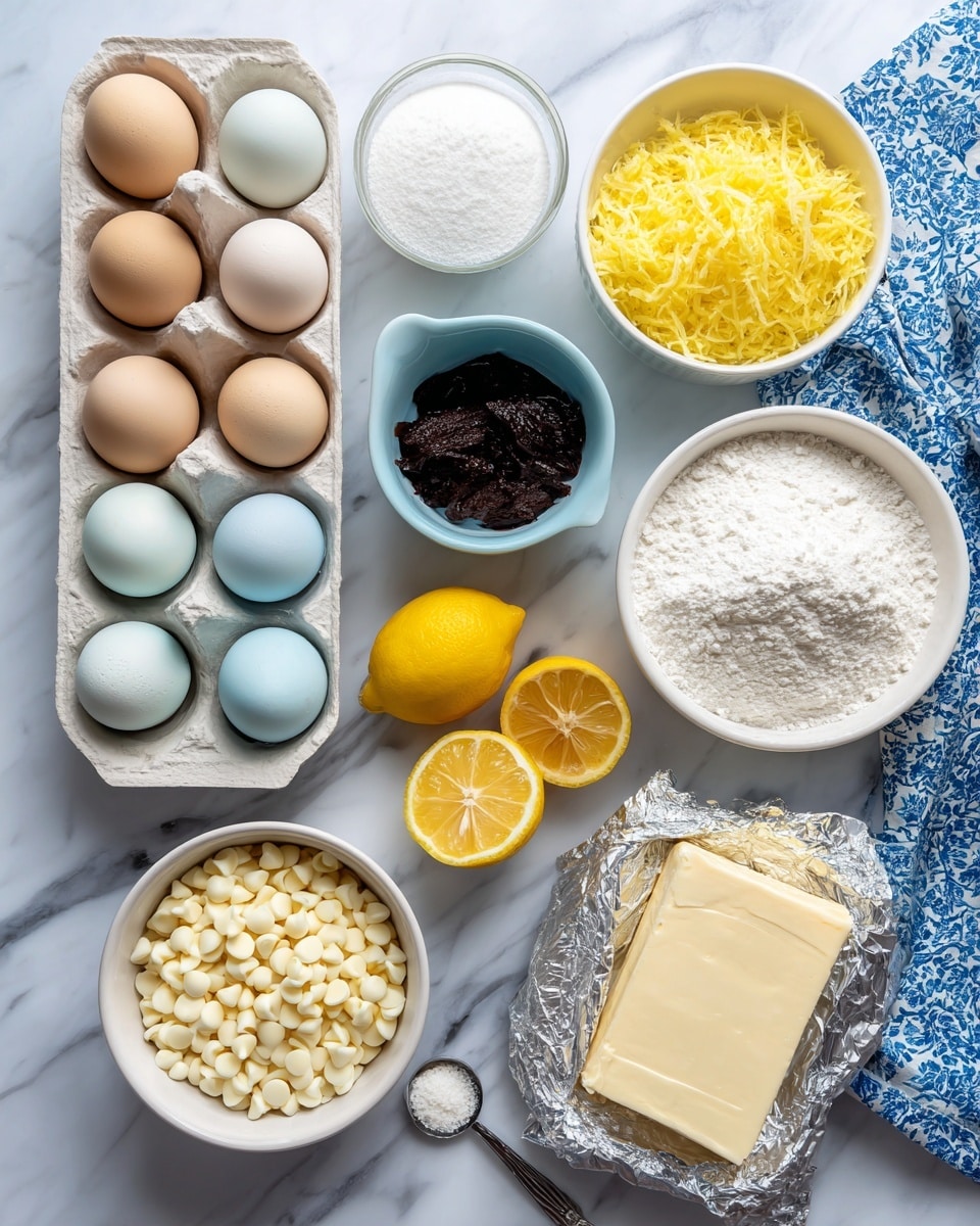 The image shows various baking ingredients arranged neatly on a white marbled surface. There is a white egg tray holding six eggs in different shades of brown and pale blue, placed near two lemon halves. A small glass bowl filled with bright yellow lemon zest is near a rectangular glass dish with a stick of butter. A white bowl contains white granulated sugar, while another white bowl holds white flour. A light blue cup holds white chocolate chips, and a small glass container is filled with dark vanilla extract. A brown paper bag is open with lemon instant pudding mix inside, and next to it is a small spoon with baking powder on the surface. A block of cream cheese is partially wrapped in silver foil near the bottom right, all set against a backdrop of white marble with a blue patterned cloth on one side. Photo taken with an iphone --ar 4:5 --v 7