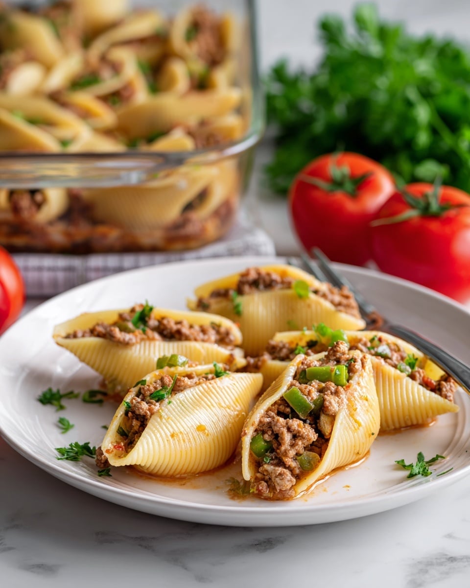 A white plate holds five large pasta shells arranged close together. Each shell is filled with browned ground meat mixed with diced green bell peppers, showing a crumbly and chunky texture inside. The shells are covered partly by a smooth light brown sauce that runs slightly over the fillings and pasta. A silver fork rests on the plate’s edge. The plate is set on a white marbled surface with a bunch of fresh green parsley and bright red tomatoes with stems in the background. A clear glass baking dish filled with more pasta shells is blurred behind the main plate. Photo taken with an iphone --ar 4:5 --v 7