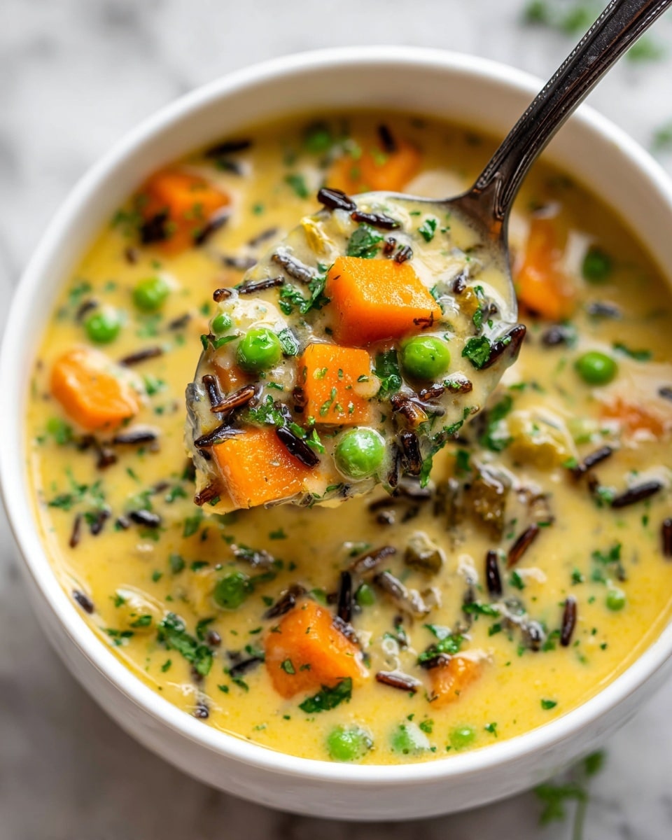 A close-up view of creamy soup with mixed ingredients inside a white bowl. The soup has a yellowish creamy base with visible small orange carrot cubes, bright green peas, and pieces of dark wild rice spread throughout. It is garnished with finely chopped fresh green herbs on top. A metal ladle with a black handle is lifting a spoonful of the soup, showing all the ingredients clearly against the smooth creamy background. The white bowl rests on a white marbled surface photo taken with an iphone --ar 4:5 --v 7