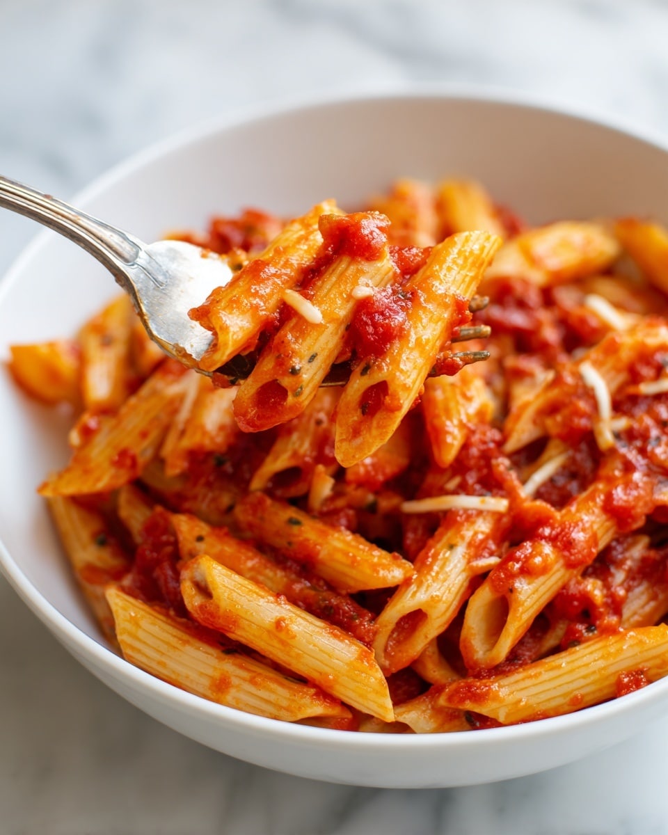 A close-up view of a white bowl filled with penne pasta covered in bright red tomato sauce with visible bits of cooked tomato and herbs. There are thin strands of melted light yellow cheese scattered over the pasta. A silver fork holds several pasta pieces coated in sauce and cheese, lifted slightly from the bowl. The background shows a soft, white marbled texture. photo taken with an iphone --ar 4:5 --v 7