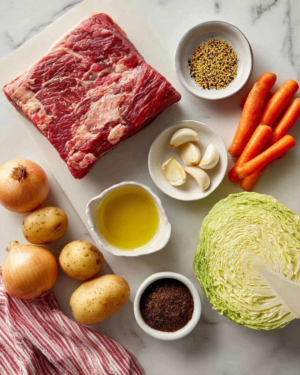 The image shows raw cooking ingredients arranged neatly on a white marbled surface. At the top left is a large, square piece of corned beef brisket with rich shades of red and marbled fat. To the right are three small white bowls: one with a mix of yellow and black seasoning seeds, another with grainy whole grain mustard in a light yellow color, and a third with peeled garlic cloves in a pale cream tone. Below these bowls are a bunch of small, bright orange baby carrots and a small glass bowl with yellow olive oil. At the bottom left, there is a whole onion with light brown skin, a cluster of small round potatoes with light tan skin, and a small white bowl filled with dark brown packed brown sugar. To the right, there is a cut half of pale green cabbage showing its layered texture. A red and white striped cloth is partially visible in the bottom left corner. Photo taken with an iphone --ar 4:5 --v 7