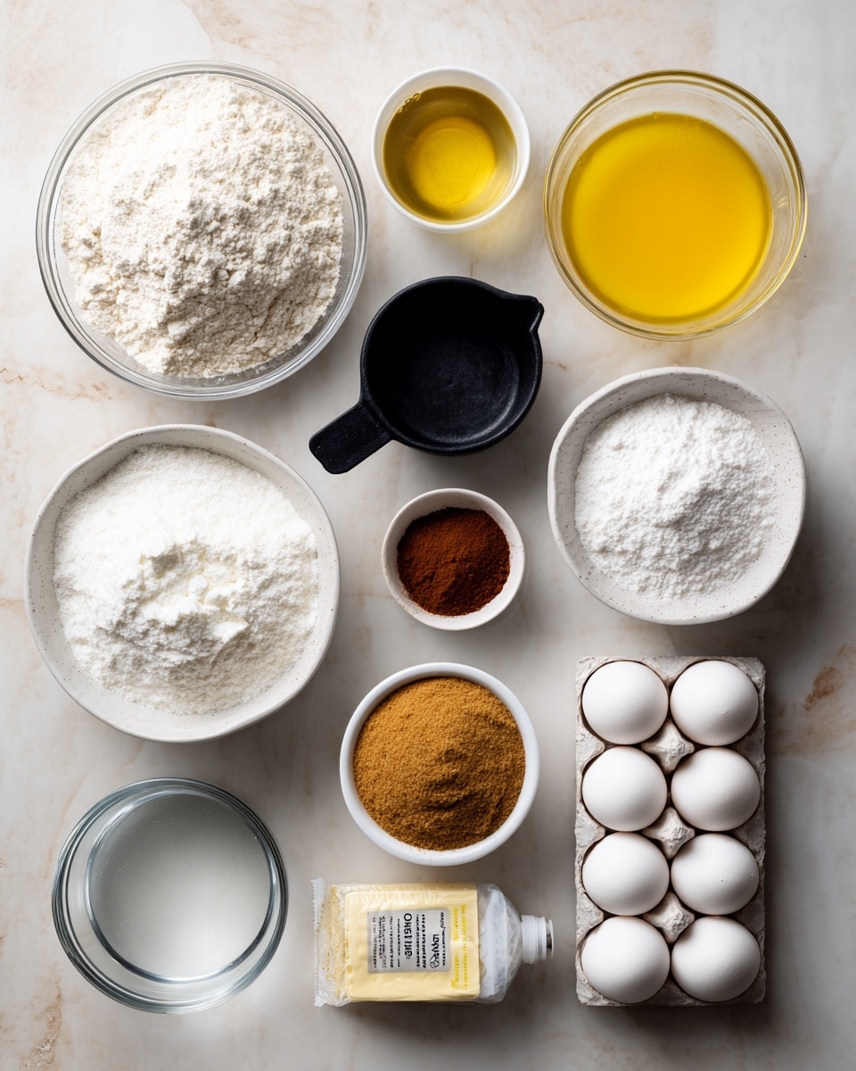 The image shows various baking ingredients arranged neatly on a white marbled surface. Starting from the top left, there is a round clear bowl filled with white flour, next to it a small white bowl with yellow oil, and on the right, a round clear bowl filled with melted yellow butter. Below the flour, there is a black measuring cup filled with white granulated sugar, and to its right a small clear bowl filled with brown cinnamon powder. Further right is a white bowl filled with white powdered sugar. In the center bottom, there is a white packet labeled yellow cake mix. Below the cinnamon is a black half-cup measuring cup filled with light brown sugar. To the right is a small dark bottle of vanilla extract. On the bottom row, to the left is a clear small bowl filled with water, and on the right, there is a white carton holding three white eggs. All items are neatly spaced and labeled in bold black text on top of each ingredient. Photo taken with an iphone --ar 4:5 --v 7