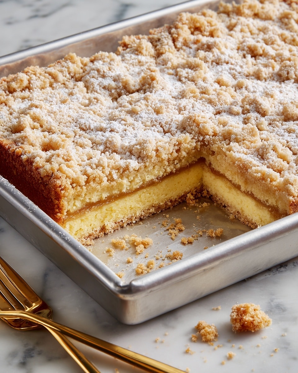 The image shows a rectangular metal baking pan filled with a three-layer crumb cake. The bottom layer is light yellow and soft looking, the middle layer is a thin, golden caramel or filling, and the top layer is thick and crumbled, golden brown with a slightly rough texture, sprinkled with powdered sugar. A piece has been removed from one corner, revealing the layers clearly, and some crumb pieces have fallen inside the pan. The pan is placed on a white marbled surface, with two gold forks nearby. Photo taken with an iphone --ar 4:5 --v 7
