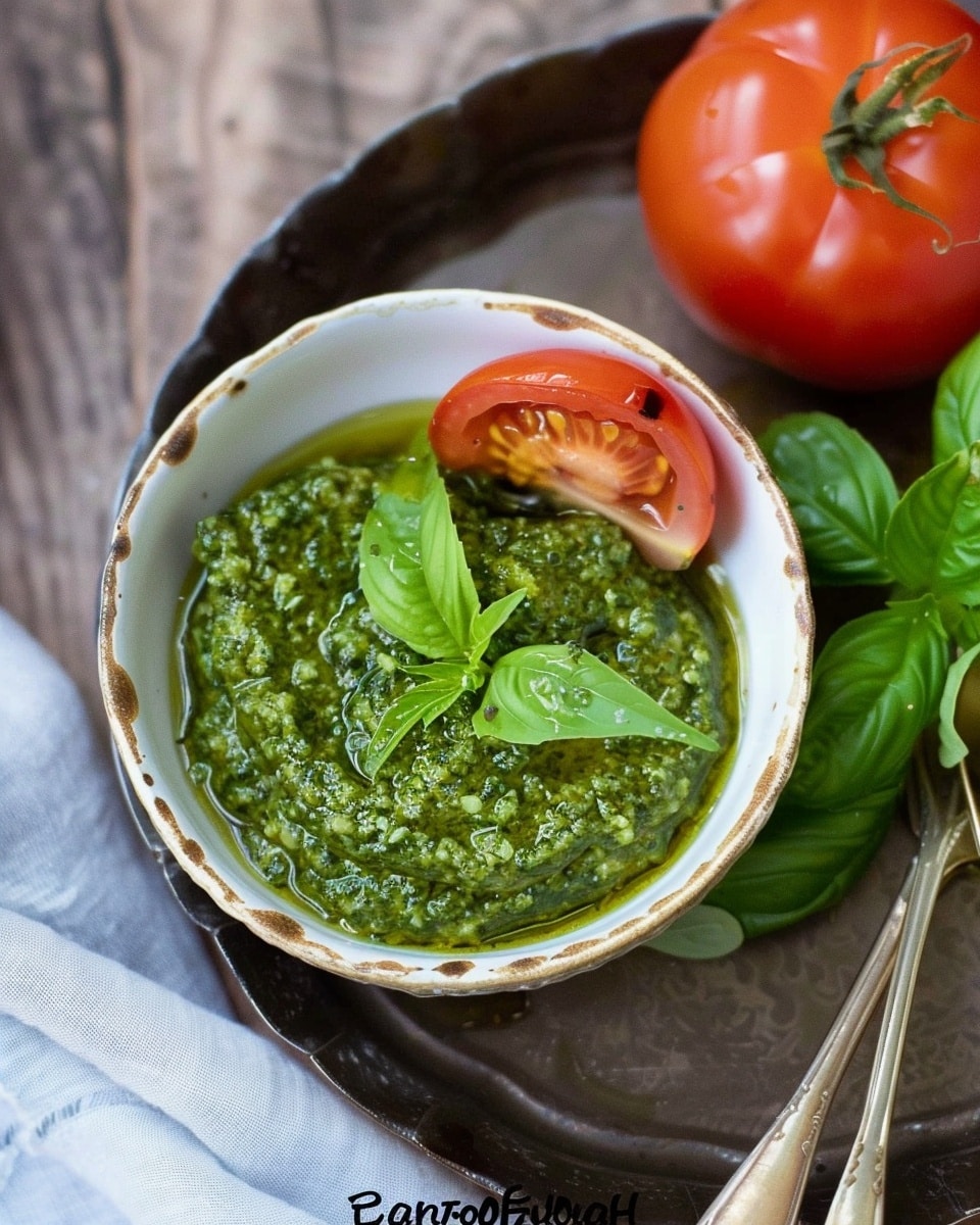 The image shows ingredients for making pesto, placed on a wooden board with a white marbled texture background. At the center, there is a pile of fresh green basil leaves with smooth texture and visible veins. To the right of the basil, a small white bowl holds golden-brown toasted pine nuts. Above the pine nuts, a small clear bowl is filled with coarse black pepper. Next to it on the wooden surface, there is a whole lemon illustrated with the text