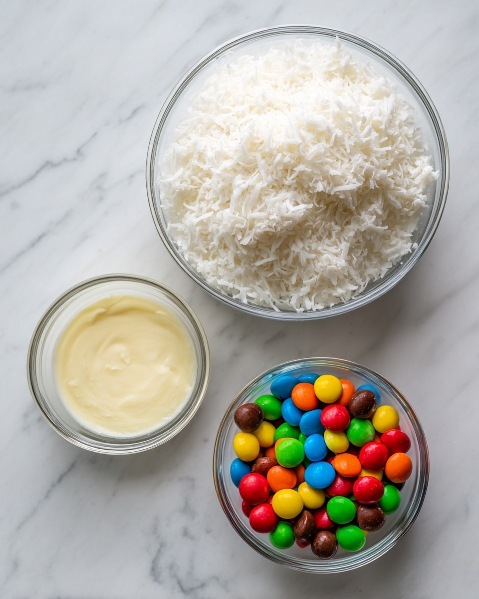 A top view shows three clear glass bowls on a white marbled surface; the largest bowl at the top is filled with fluffy white shredded coconut, the smaller bowl at the bottom right is filled with colorful round candies in red, yellow, green, blue, orange, and brown, and the smallest bowl at the bottom left holds pale yellow creamy condensed milk. The bowls are neatly arranged with enough space around them. photo taken with an iphone --ar 4:5 --v 7