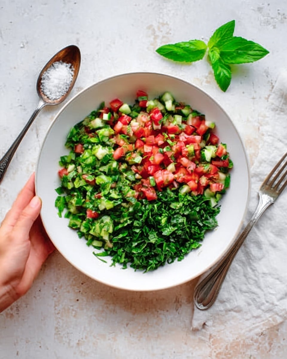 A white bowl filled with a fresh chopped salad sits on a white marbled surface. The salad has three main layers: a bottom layer of chopped green herbs with a leafy texture, a middle layer of bright red diced tomatoes, and a top layer of finely chopped green herbs scattered evenly. Next to the bowl, there is a small spoon with white granules inside and a fork placed beside the bowl. A woman's hand is holding one side of the bowl, and there is a green leaf near the fork. The overall scene has soft natural light and simple, clean colors. Photo taken with an iphone --ar 4:5 --v 7