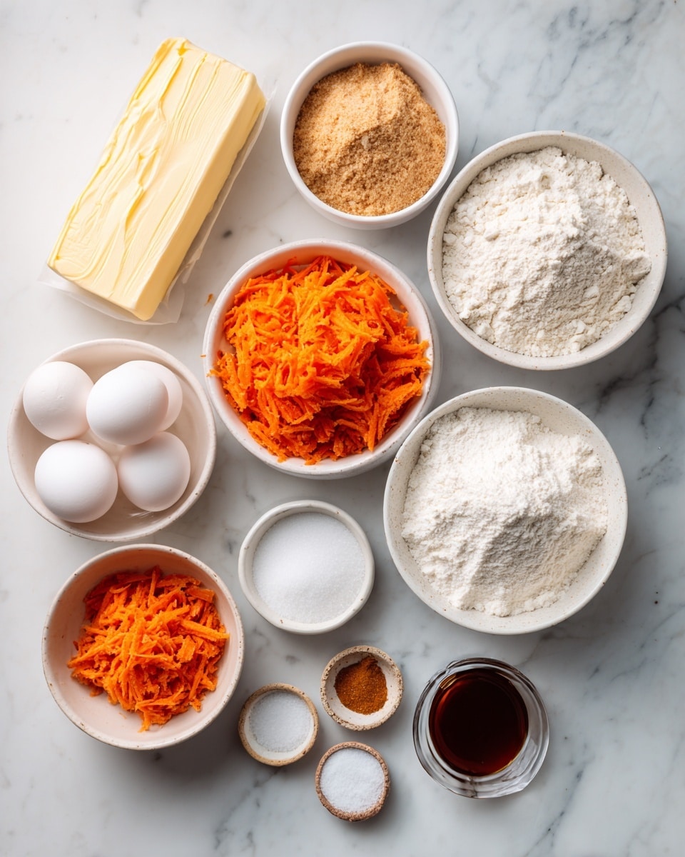 The image shows a white marbled surface with several white bowls and small dishes arranged neatly. Starting from the top, there is a stick of unsalted butter with yellow packaging. Below it, a white bowl filled with light brown packed sugar and to its right, a larger white bowl filled with fine white flour with some small clumps on the surface. Below the sugar, a smaller white bowl holds bright orange shredded carrots in a loose pile. To the right of the carrots is a white bowl filled with granulated white sugar. Below the carrots, there is a white bowl with two whole white eggs and to its right, another white bowl with an off-white block of cream cheese. At the bottom, small white speckled dishes hold ground cinnamon, salt, and baking soda, arranged in a slight arc. A small clear dish with dark brown vanilla extract sits to the right, and in front of it, a small white bowl of light cream or milk completes the layout. Everything is clean and well placed on the white marbled surface. photo taken with an iphone --ar 4:5 --v 7