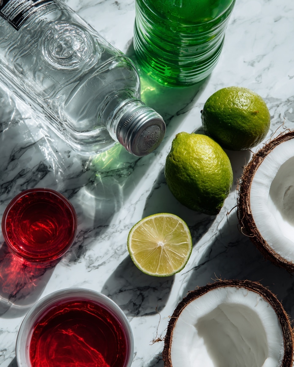 The image shows a white marbled surface with a clear bottle of vodka lying on its side at the top left. Below it, there is a green plastic soda bottle slightly tilted to the right. To the right of the soda bottle, there are two green limes placed one above the other. At the top right, a white coconut half is positioned with a smooth cream inside. Near the bottom left, there is a small clear glass filled with bright red liquid next to a white bowl filled with the same red liquid. photo taken with an iphone --ar 4:5 --v 7