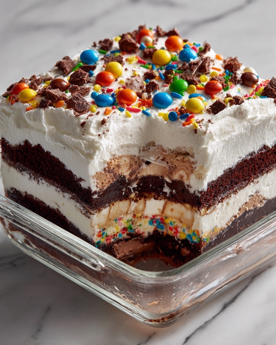 The dessert is a layered ice cream cake in a clear glass dish on a white marbled surface. It has five layers: the bottom and third layers are dark brown chocolate cake, the second and fourth layers are creamy white ice cream, and the middle thick layer is light brown chocolate ice cream with colorful sprinkles. The topmost layer is smooth white whipped cream, covered with bright, colorful sprinkles and small candy-coated chocolates in red, blue, orange, green, yellow, and brown. A woman’s hand has removed a large square piece, showing all the layers clearly inside. Photo taken with an iphone --ar 4:5 --v 7