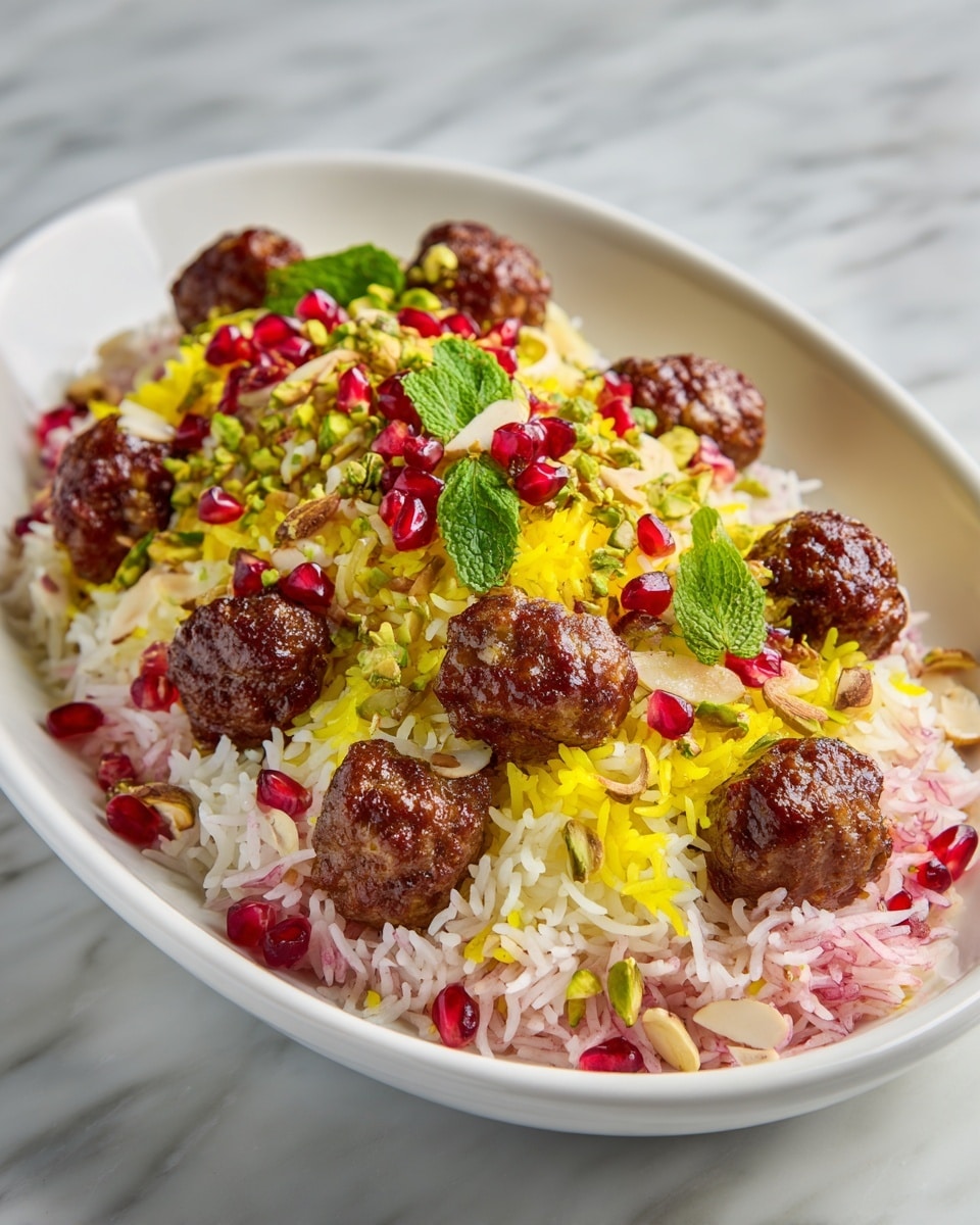 The dish is served in a white oval plate placed on a white marbled surface. It has three main layers: the bottom layer is a mix of pink and white rice with a fluffy texture, the middle layer is bright yellow rice scattered throughout, and the top layer is decorated with deep red berries and slivered white nuts along with green chopped nuts that add texture. Surrounding the rice is a ring of small, round, dark brown meatballs placed evenly around the edge of the plate. The colors are vibrant, and the textures range from soft rice to firm meatballs with crunchy nuts on top. Photo taken with an iphone --ar 4:5 --v 7
