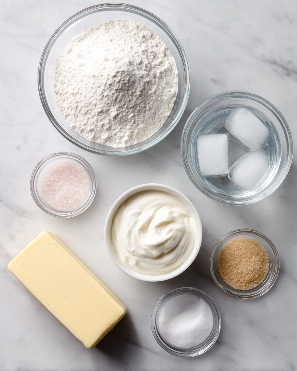Six glass bowls and one stick of butter are placed on a white marbled surface. The biggest bowl, at the top, holds a fine white powder labeled gluten-free flour. Below and slightly to the right is a medium bowl with clear ice water and some ice cubes inside. Below and slightly to the left of the flour is a small bowl filled with white sour cream, smooth in texture. To the right of the sour cream is a small bowl with light brown sugar crystals labeled sugar. Above the sugar bowl and to the left of the ice water is a tiny bowl filled with pink salt. At the bottom left, there is an unwrapped stick of pale yellow butter labeled butter. All labels are in simple black text on white rectangles. Photo taken with an iphone --ar 4:5 --v 7