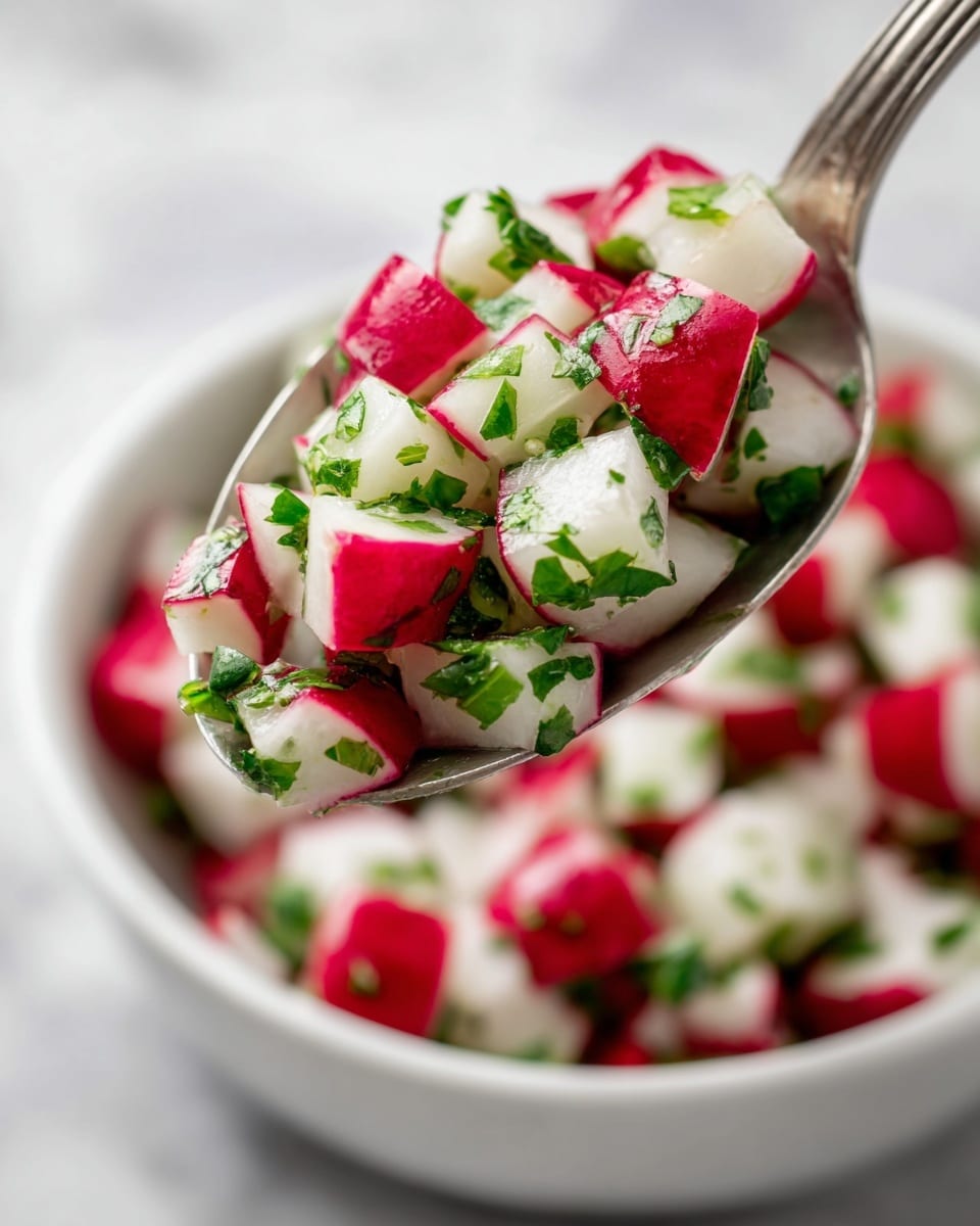 The image shows a close-up of a spoon filled with small cubes of radish mixed with green chopped herbs, all fresh and vibrant. The radish cubes have white centers with bright red edges, and the green herbs add a fresh contrast. In the background, a white bowl holds more of this colorful mixture, and the whole scene sits on a white marbled surface. The focus is sharp on the spoonful, making the radish and herbs look crisp and fresh. photo taken with an iphone --ar 4:5 --v 7