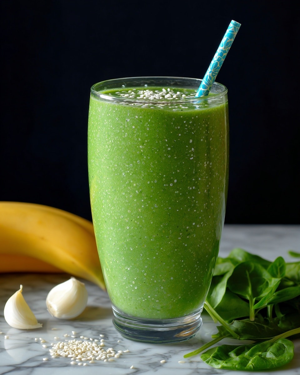 A clear glass is filled nearly to the top with a smooth, bright green smoothie. The smoothie has a thick texture and is topped with small white flakes. A patterned blue and green straw is placed inside the glass on the right side. Around the base of the glass, there are fresh spinach leaves, a small yellow banana, and some white garlic cloves spread out on a white marbled surface. The background is plain dark. photo taken with an iphone --ar 4:5 --v 7