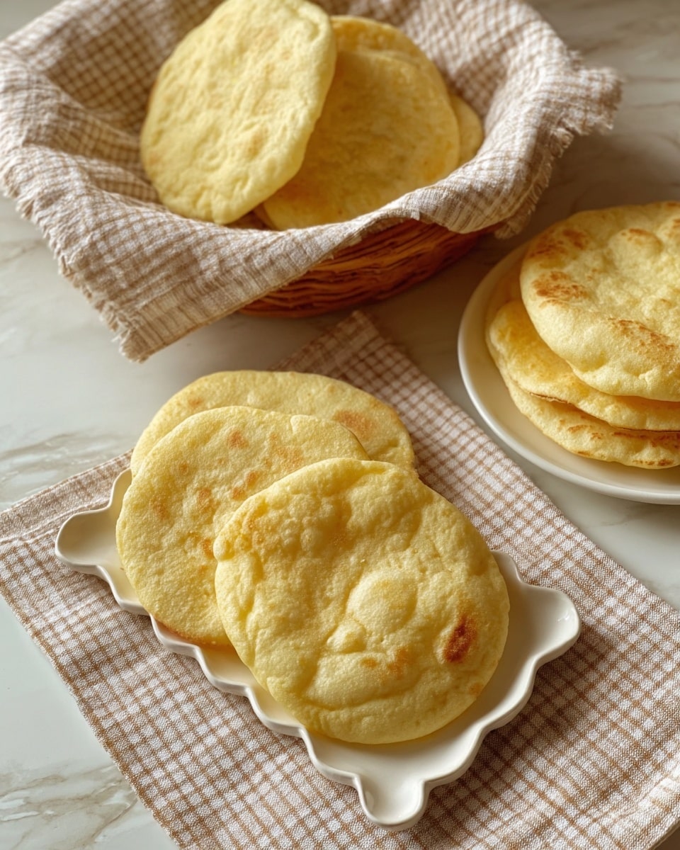 The image shows two groups of soft, round, golden-yellow flat breads, each group stacked on white plates placed on a white marbled surface. The flat breads have a smooth but slightly uneven texture with some light browning on the edges and tops. One group of three flat breads lies on a small rectangular white plate with scalloped edges, resting on a beige and white striped cloth, while the second group of three flat breads is on a round white plate behind it, positioned on a checked light brown and white cloth. The scene is bright and warm with natural light highlighting the soft texture of the breads. photo taken with an iphone --ar 4:5 --v 7