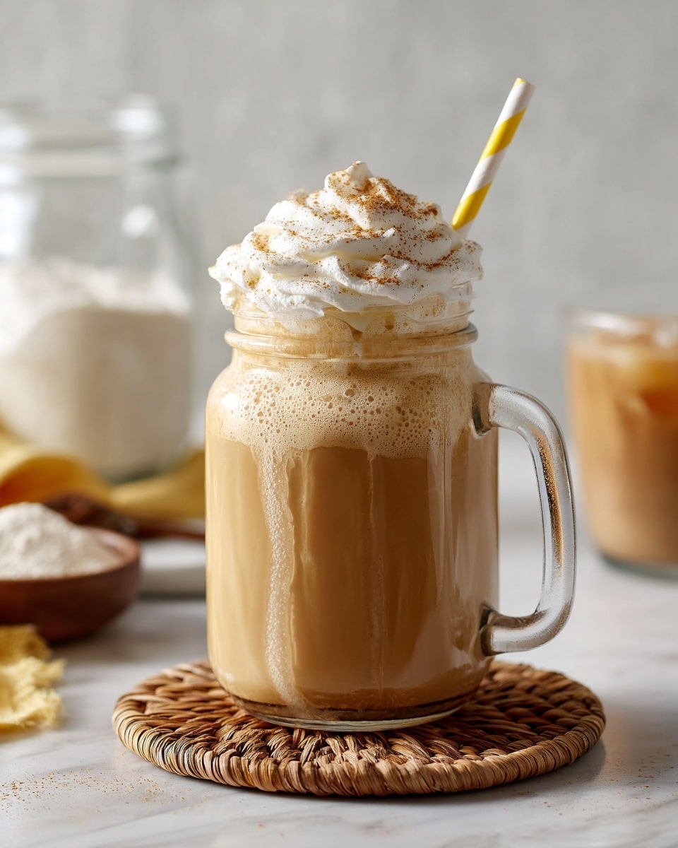 A clear glass jar mug filled with a smooth, light brown drink topped with a thick layer of white whipped cream that drips slightly over the rim, with a sprinkle of light brown powder on top and a yellow-striped straw inserted in the whipped cream; the jar is placed on a round woven coaster on a white marbled surface, with blurred background items including a jar with white powder and a glass of a similar light brown drink. photo taken with an iphone --ar 4:5 --v 7