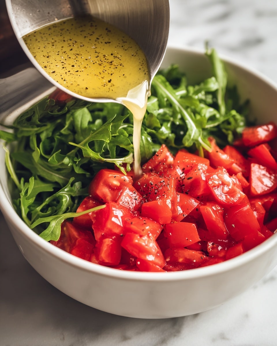 A close-up shot shows a white bowl filled with chopped red tomatoes on the right side and fresh green arugula leaves on the left side. Above the bowl, a silver container is pouring a yellowish, oily dressing with black pepper specks over the greens and tomatoes. The background features a white marbled texture. The photo taken with an iphone --ar 4:5 --v 7