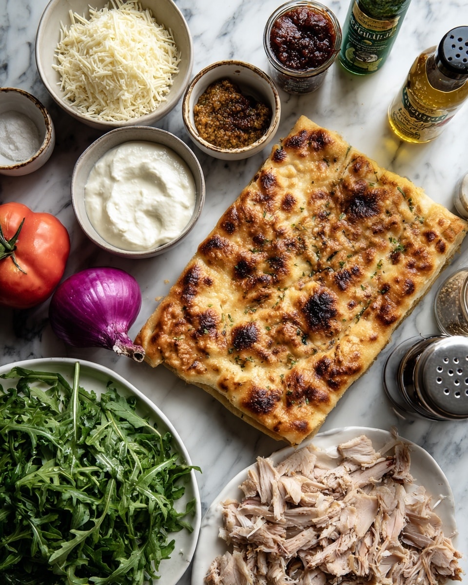 A rectangular golden brown flatbread with a crispy top and some darker toasted spots sits on the left side on a white marbled surface. Next to it are bowls with shredded white cheese, creamy white sauce, and a dark red chunky sauce. A large, irregular red tomato and a round purple onion are placed near the sauces. On the bottom left, a white bowl is filled with fresh green arugula leaves with a slightly rough texture. To the right, a white plate holds thin, light beige slices of meat with some browned edges. Around these ingredients are a green seasoning bottle, a black pepper grinder, and a small clear container with holes for spices. Photo taken with an iphone --ar 4:5 --v 7