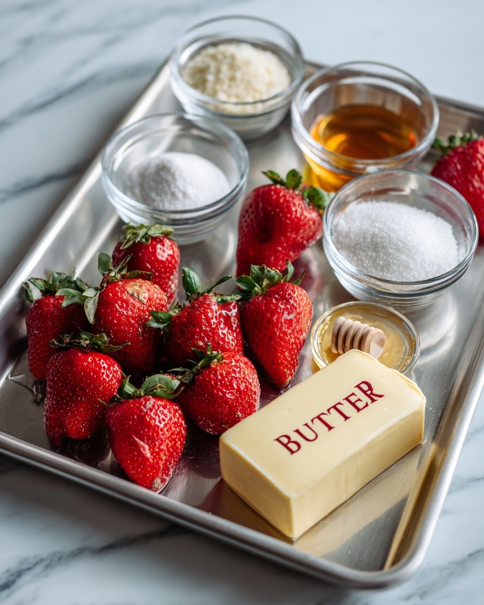 A rectangular metal tray holds several fresh red strawberries with green tops scattered in the center. Around the strawberries, there are five small clear glass bowls placed near the edges of the tray, each containing different ingredients: one bowl has a white powder, another bowl has white granules, one has a light brown liquid, another bowl holds white sugar, and the last bowl contains a pale yellow stick of butter with