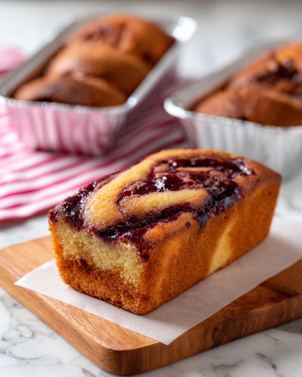 A small rectangular loaf cake with a rough, golden brown crust sits on a piece of white parchment paper on a wooden board. The top of the cake has swirls of darker brown and reddish jam, creating a marbled effect with a slightly shiny texture. In front of the cake, two fresh strawberries with green leaves lie on the wooden board. The background is a white marbled surface with a hint of red fabric visible. Photo taken with an iphone --ar 4:5 --v 7