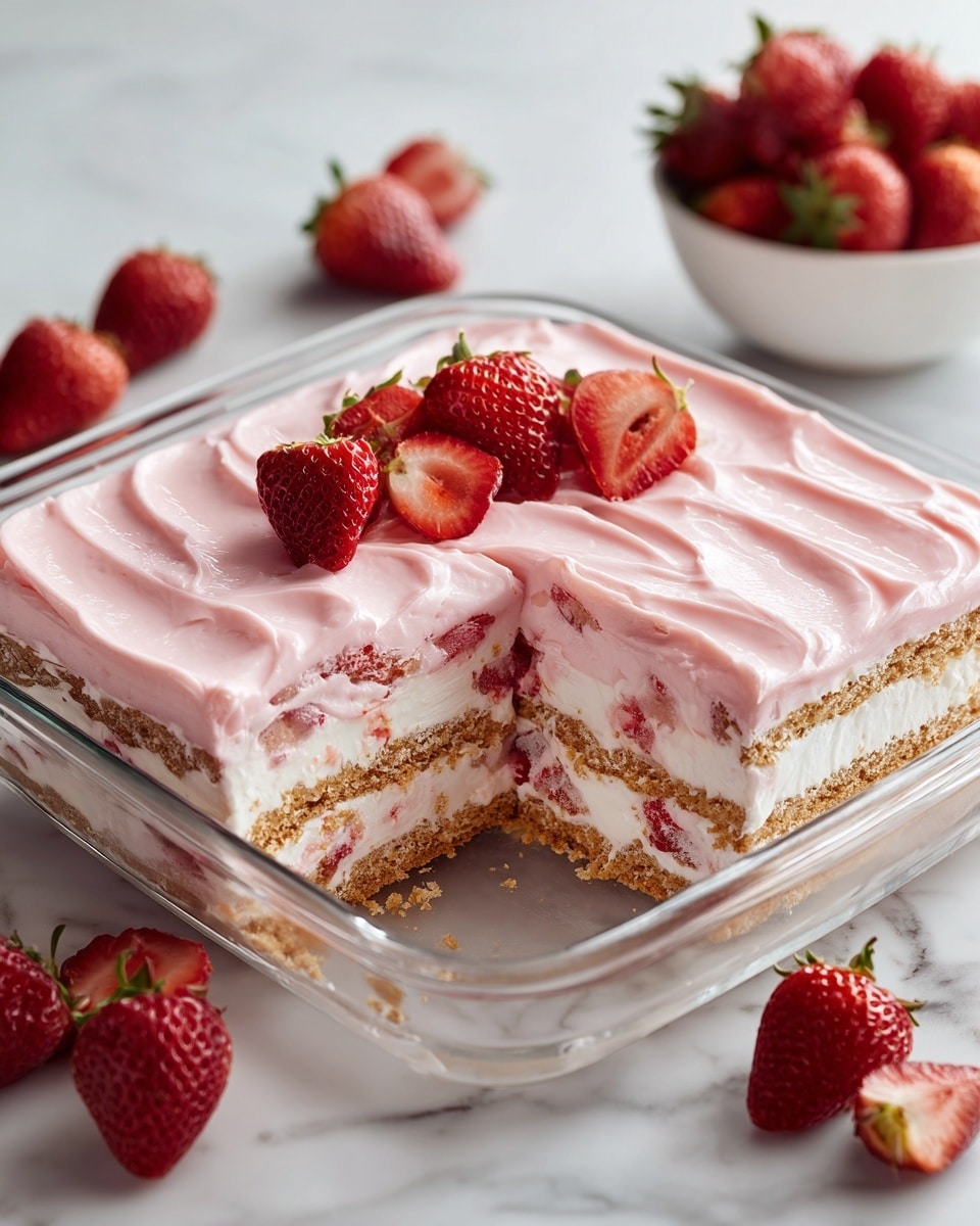 A clear glass square dish holds a layered dessert with three visible layers: the bottom and middle layers consist of light brown graham cracker-like biscuits, while the middle layer also contains white cream and visible red strawberry pieces; the top layer is a smooth, thick, evenly spread pale pink frosting with gentle swirls on the surface. The dessert has a square section taken out from the front-left corner, revealing the layers inside. Around the dish, there are fresh red strawberries, some whole and some halved, along with a white bowl of strawberries in the background. All items rest on a white marbled surface. photo taken with an iphone --ar 4:5 --v 7