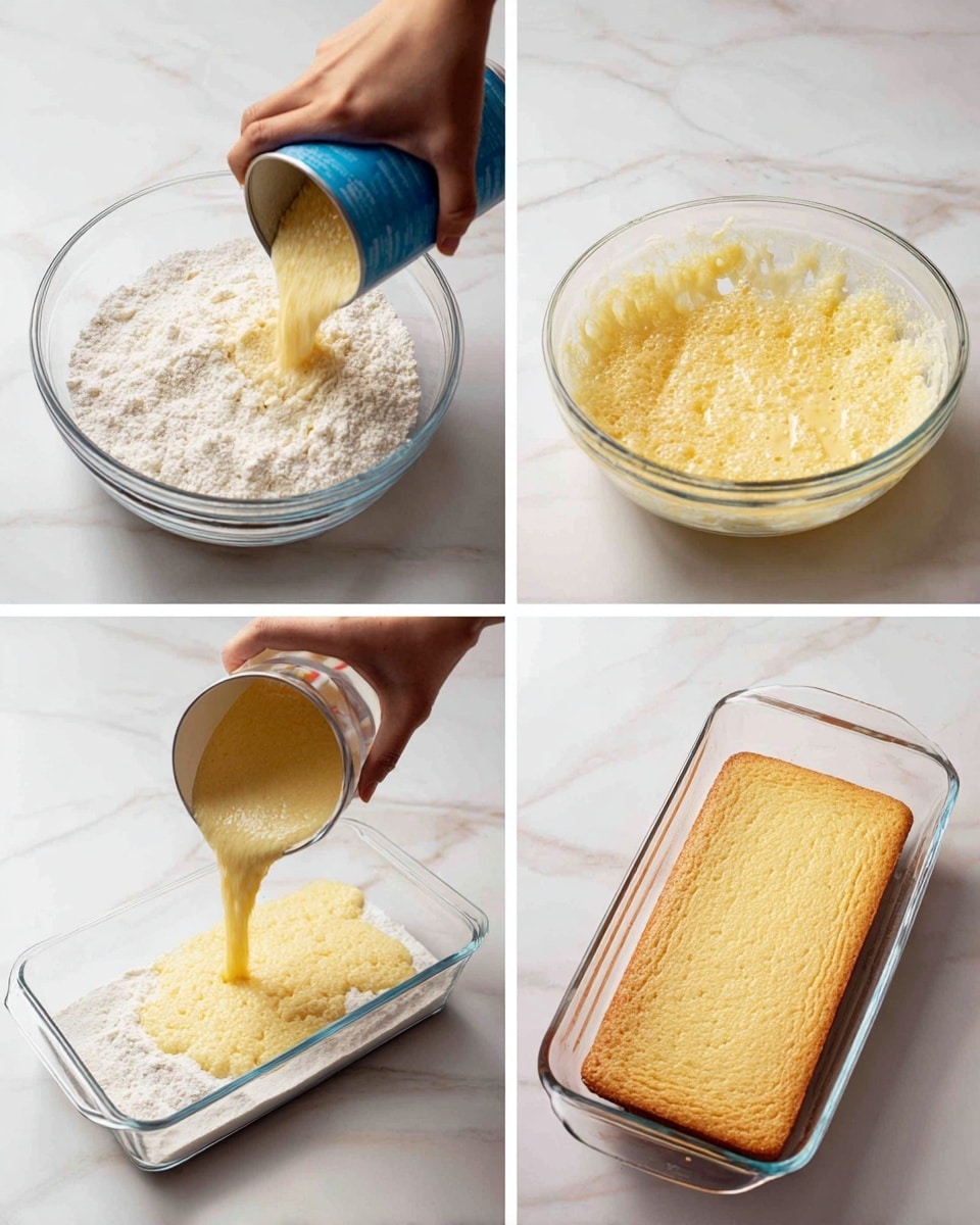 A sequence of four images shows the making of a pineapple cake. In the first image, a woman's hand pours crushed pineapple from a blue can into a clear mixing bowl containing white flour at the bottom. The second image shows the combined batter in the clear bowl with a light yellow, fluffy, and slightly frothy texture on top. In the third image, the light yellow batter with a foamy texture is being poured from the clear bowl into a clear rectangular baking dish on a white marbled surface. The last image shows the baked cake in the same clear rectangular dish with a golden brown, slightly uneven top crust. Photo taken with an iphone --ar 4:5 --v 7