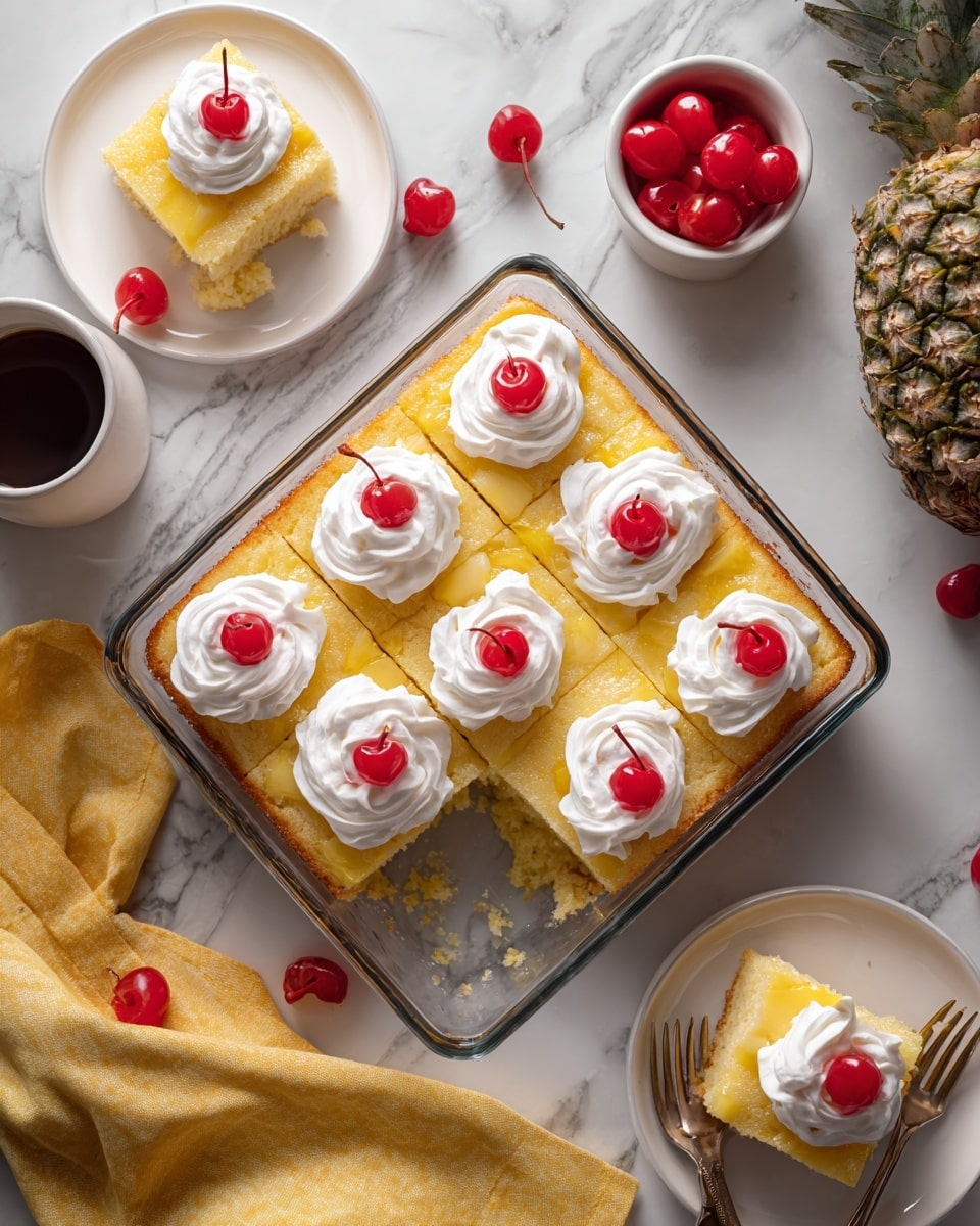 A glass baking dish holds a golden brown cake with a soft, light yellow inside, divided into nine square pieces. Each square is topped with a swirl of white whipped cream, and a bright red cherry with a stem sits on each cream swirl. One piece is missing, revealing the moist inside of the cake. The dish rests on a white marbled surface, with a yellow cloth partially under it to the right. Nearby, there are two white plates, each with a square piece of the same cake topped with whipped cream and a cherry, and a small white cup filled with extra cherries. A whole pineapple is visible in the background. Photo taken with an iphone --ar 4:5 --v 7