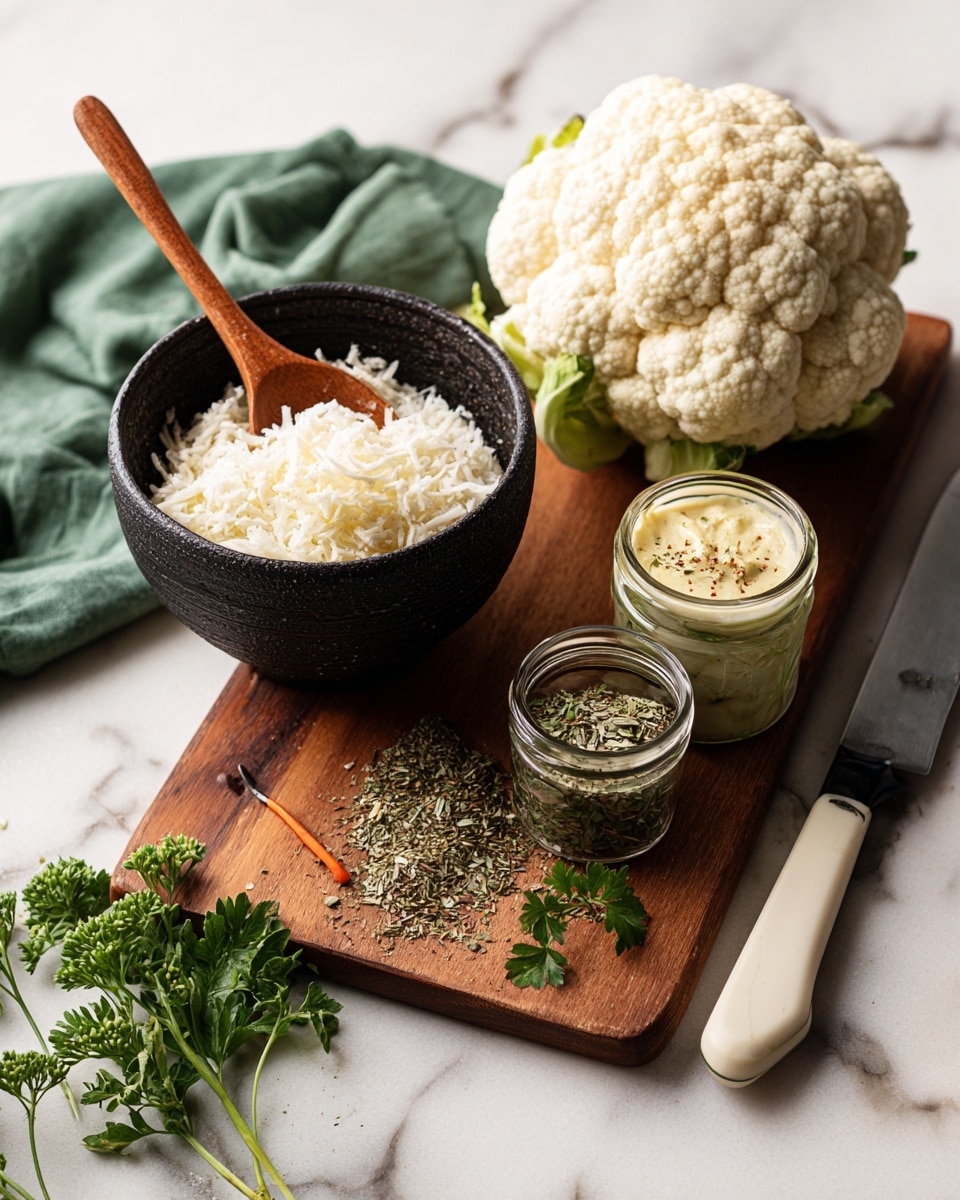 A black bowl with a rough texture holds a small pile of white grated cheese with a wooden spoon resting on top. Next to the bowl, there is a wooden cutting board placed on a white marbled surface. On the cutting board, a whole white cauliflower sits near a small glass jar with a green lid, filled with a light yellow spread or butter mixed with herbs. Also on the board are some fresh green parsley leaves, a small glass container filled with dried green spices, a closed jar with an orange rubber seal, and a large knife with a white and black handle lying flat. A green cloth is partially visible in the background. Photo taken with an iphone --ar 4:5 --v 7