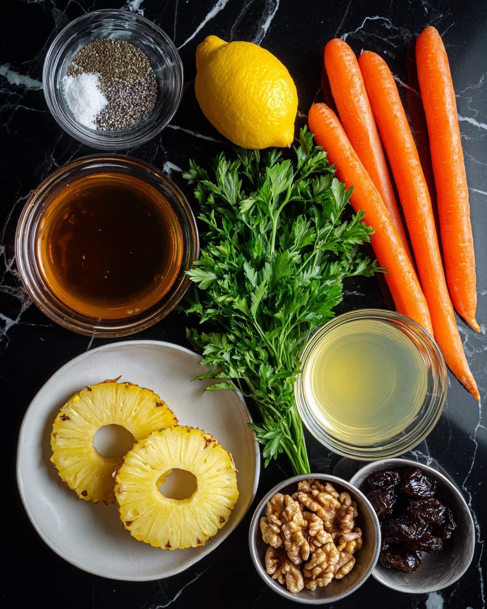 The image shows a top view of ingredients arranged neatly on a white marbled surface with a black background underneath. On the left side, there are two small glass bowls, one with salt and pepper mixed, and the other with maple syrup dark brown in color. Above the maple syrup, there is a fresh yellow lemon beside a small pile of green parsley leaves. Three large bright orange carrots are placed horizontally next to the lemon and parsley. On the right side, a small glass bowl contains clear pineapple juice. Below it, a small silver bowl holds brown walnut halves. At the bottom center, two pale yellow pineapple rings are stacked on a white plate with faint orange text showing through from below. Above the plate, a small bowl of dark brown raisins completes the setup. Each ingredient is spaced apart and labeled with white text. photo taken with an iphone --ar 4:5 --v 7