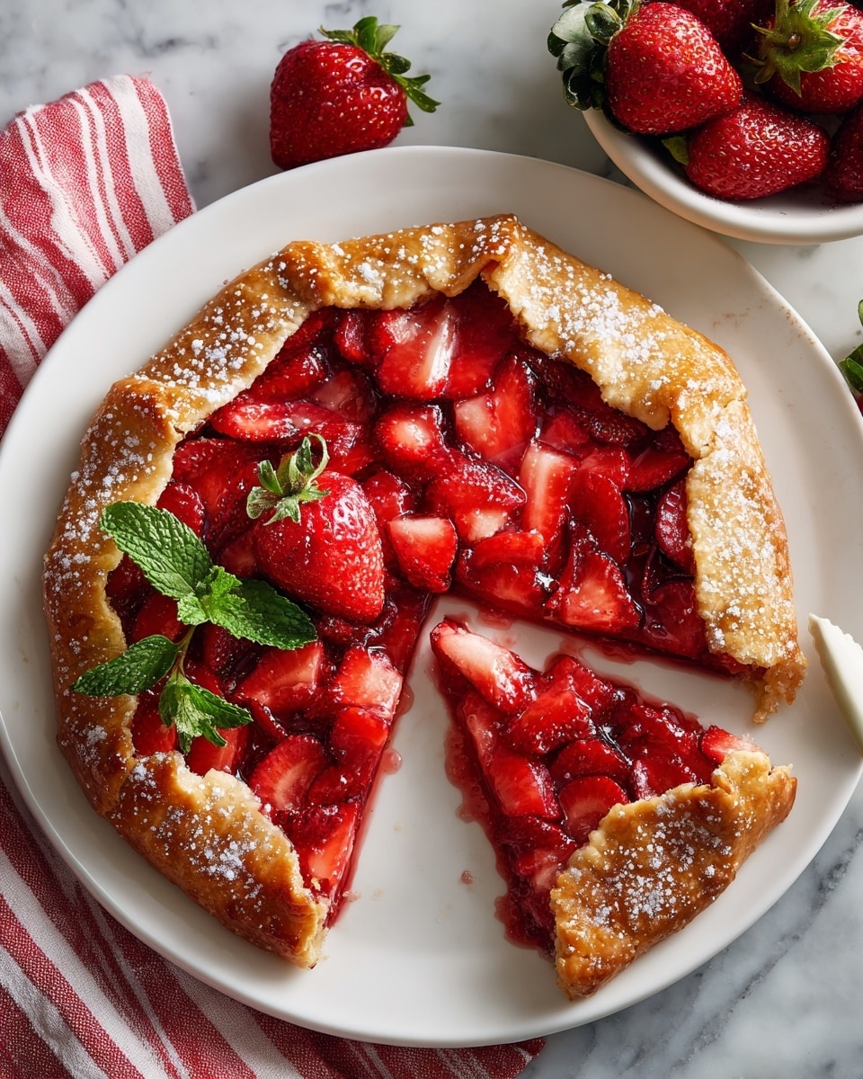 A round strawberry galette with a golden brown crust folded up around the edges, sprinkled with coarse sugar, and filled with bright red sliced strawberries that are slightly cooked, creating a glossy texture in the middle of the galette. One small triangular slice is taken out, showing the inside with a juicy red filling and a thin crust base. The galette is placed on a large white plate with a whole fresh strawberry and a sprig of mint on top for decoration. In the background, there is a white bowl with more strawberries and a red striped cloth on a white marbled surface. Photo taken with an iphone --ar 4:5 --v 7