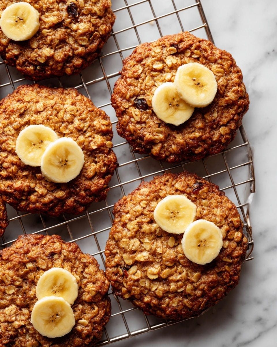 Five round oatmeal cookies with a rough, slightly bumpy texture and a warm golden brown color are arranged on a simple metal cooling rack. Each cookie has several thin, round banana slices placed on top, adding a light yellow contrast to the darker cookie base. The cooling rack rests on a white marbled surface, providing a clean and soft background that highlights the cookies' rustic look. The cookies show small bits of oats and raisins embedded in the dough, giving a varied texture across each one. photo taken with an iphone --ar 4:5 --v 7