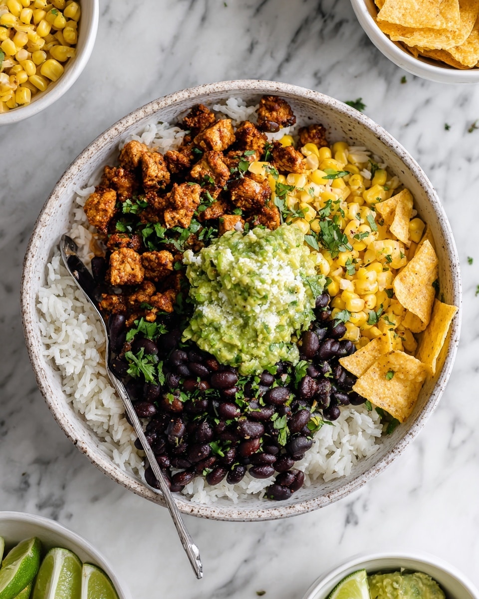 A bowl with four main layers is shown on a white marbled surface. The bottom layer is white rice, with a soft and fluffy texture. On top of the rice, black beans and yellow corn kernels are scattered evenly, creating small bursts of deep black and bright yellow colors. The next layer includes small, light brown pieces of seasoned tofu or meat substitute, mixed throughout the beans and corn. There is a dollop of chunky, bright green guacamole placed toward the top center of the bowl. Around the edges, lime wedges with a light green interior and dark green rind sit on the rice, and there are a few yellow tortilla chips on the lower right side of the bowl. Fresh chopped cilantro is sprinkled over the whole dish, adding a touch of dark green color. A metallic silver spoon is placed on the left side within the bowl. In the background, there are separate white bowls with yellow corn and green guacamole visible on the white marbled surface. Photo taken with an iphone --ar 4:5 --v 7