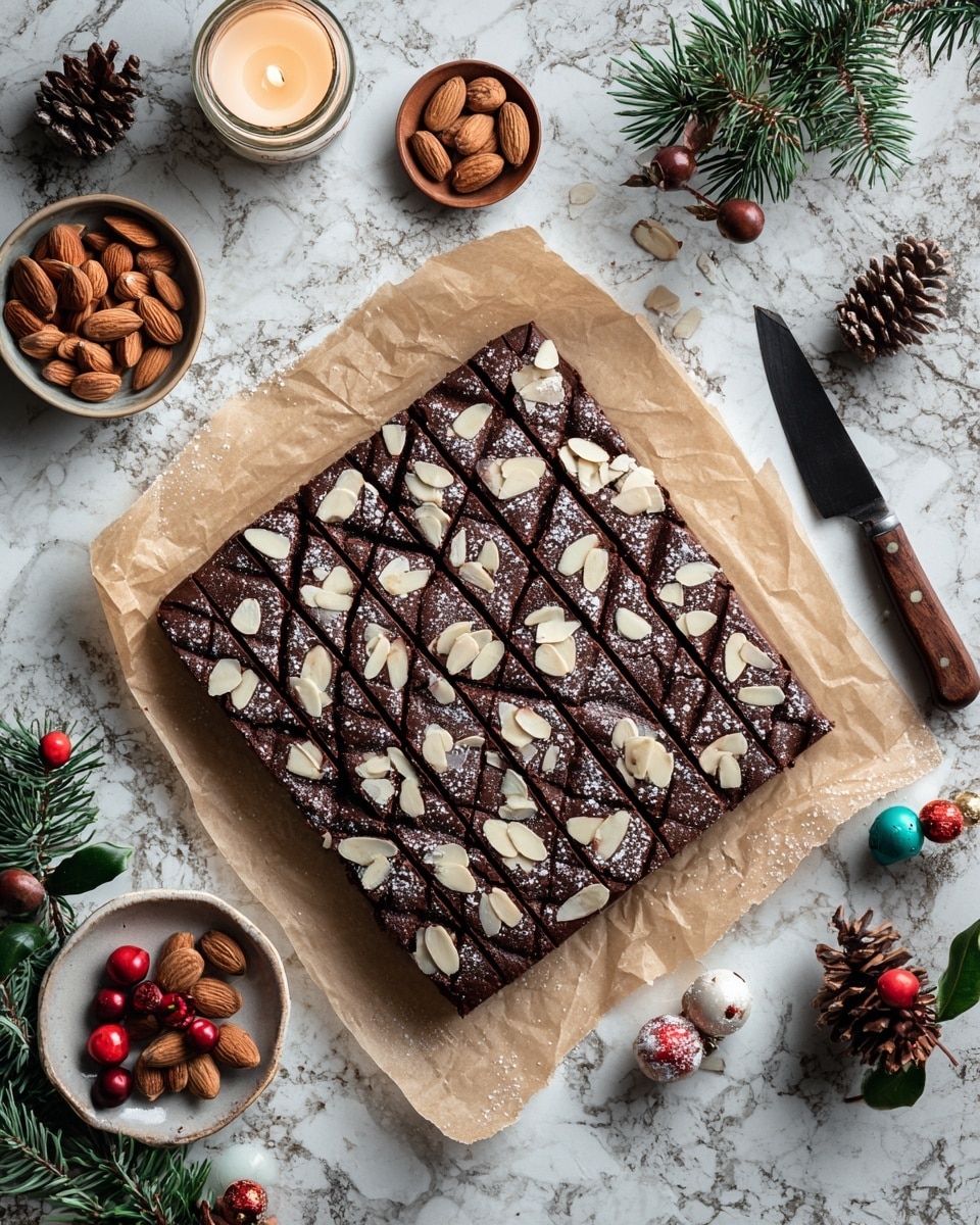 A rectangular chocolate dessert is shown on parchment paper on a white marbled surface. The dessert is cut into diamond shapes with thin lines, and each diamond is topped with pale almond slices scattered evenly. The chocolate surface has a smooth, slightly shiny texture with some cracks. Around the dessert, there are small bowls of almond slices, a wooden knife with a black handle, pine cones, green pine leaves, red berries, colorful small round ornaments, and a glass candle holder with a lit candle. photo taken with an iphone --ar 4:5 --v 7