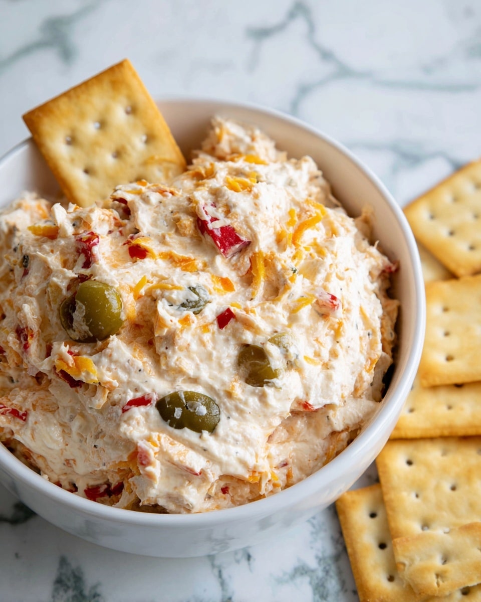 A white dish filled with a creamy, thick dip that has visible small chunks of orange cheese, red peppers, and sliced green olives mixed in. The texture appears smooth but with some small lumps from the ingredients. A light yellow square cracker with small holes is partially dipped into the mixture, resting on the creamy surface. The background is a white marbled texture. photo taken with an iphone --ar 4:5 --v 7