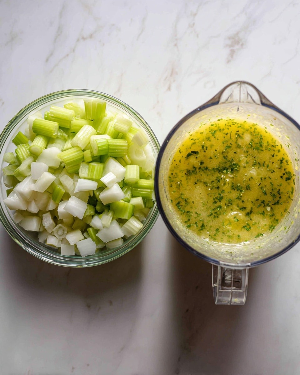 The image shows two parts side by side. On the left side, there are chopped vegetables in a clear bowl, with three visible layers: light green celery pieces with their ribbed texture, white onion chunks scattered throughout, and pale yellow potato cubes, all mixed together. On the right side, a clear glass blender container holds a smooth, light yellow soup or sauce with green herbs finely blended inside, creating a speckled effect. Both items are placed on a white marbled surface, and the lighting highlights the fresh textures and colors clearly. Photo taken with an iphone --ar 4:5 --v 7