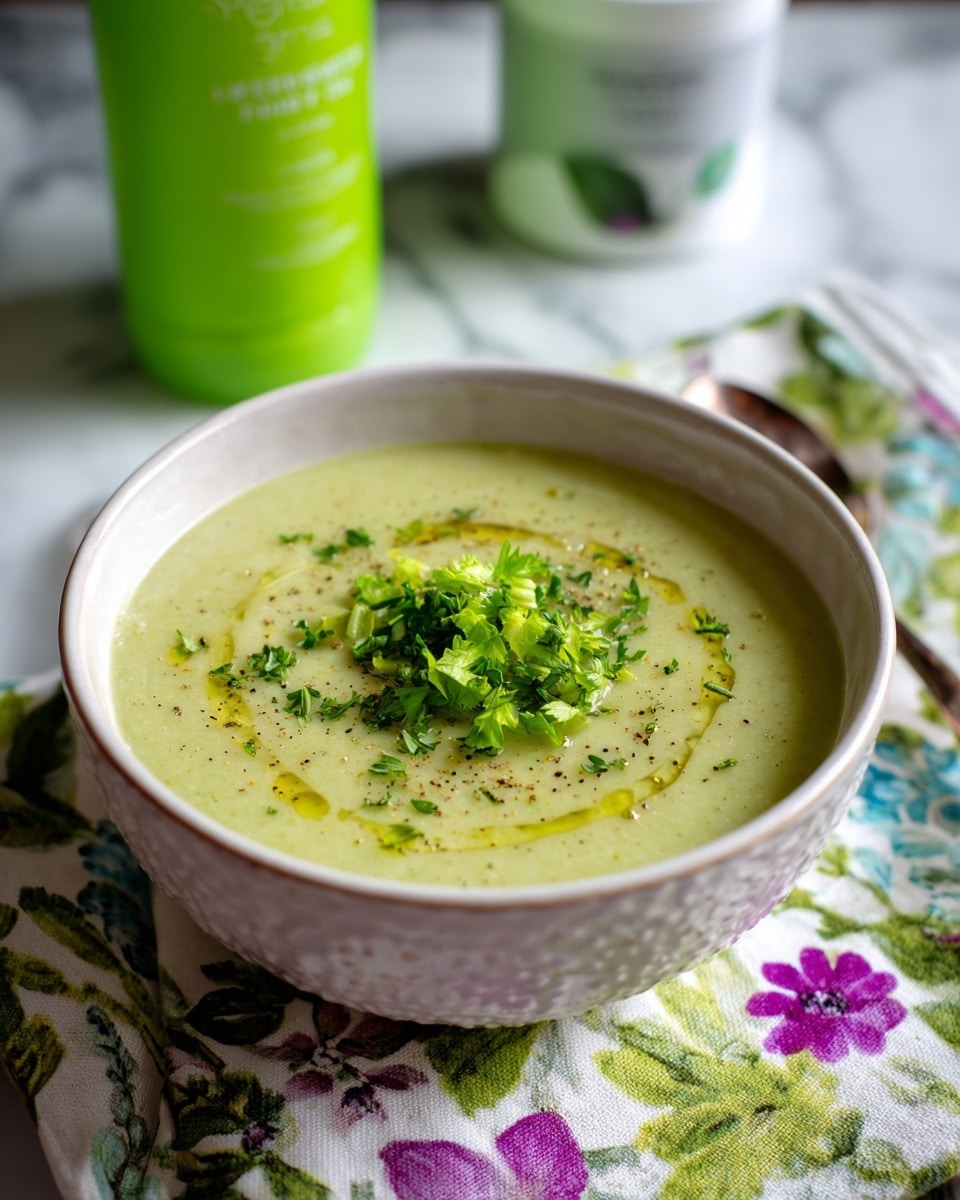 A white bowl filled with creamy green soup topped with a small heap of chopped fresh green herbs and celery leaves in the center, with a drizzle of golden oil and a sprinkle of black pepper on the soup surface. The bowl is placed on a floral patterned cloth featuring green leaves and purple flowers, resting on a white marbled surface. In the background, there is a large bright green bottle and a white container with green and black text partially visible. Photo taken with an iphone --ar 4:5 --v 7