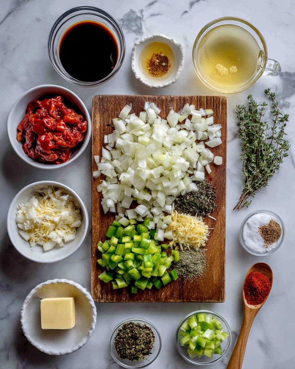 The image shows several ingredients arranged neatly on a white marbled surface. At the center is a wooden cutting board holding chopped green onions (small green and white pieces at the top right), diced onions (white chunks to the right), chopped green peppers (dark green pieces below the onions), minced garlic (small light yellow bits near the center), fresh thyme and oregano (small green herb bunches on the left), and celery (light green small pieces at the bottom right of the board). Around the cutting board are small white bowls and clear glass containers holding canned roasted tomatoes (red chunks in a bowl at the bottom left), Worcestershire sauce (dark liquid in a bowl at the top center), butter (yellow block in a glass bowl to the top right), chicken stock (light yellow liquid in a clear measuring cup on the left), salt (white powder in a small scalloped bowl on the right), cayenne (red powder in a white measuring spoon on the upper right), and Creole seasoning (reddish spice in a wooden spoon near the bottom center). The ingredients are organized clearly for easy viewing on the white marbled surface photo taken with an iphone --ar 4:5 --v 7