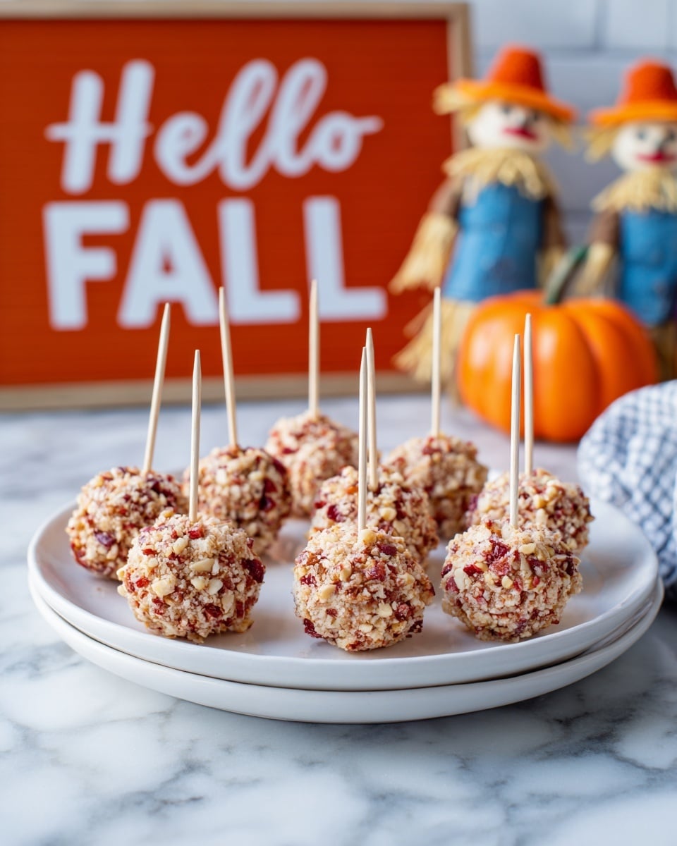 A white plate holds 10 round balls that are coated with a mixture of red bits and beige nuts, giving them a rough texture. Each ball has a small stick, like a thin pretzel rod, standing upright in the center. The plate is set on a white marbled surface. In the background, there is an orange sign that says