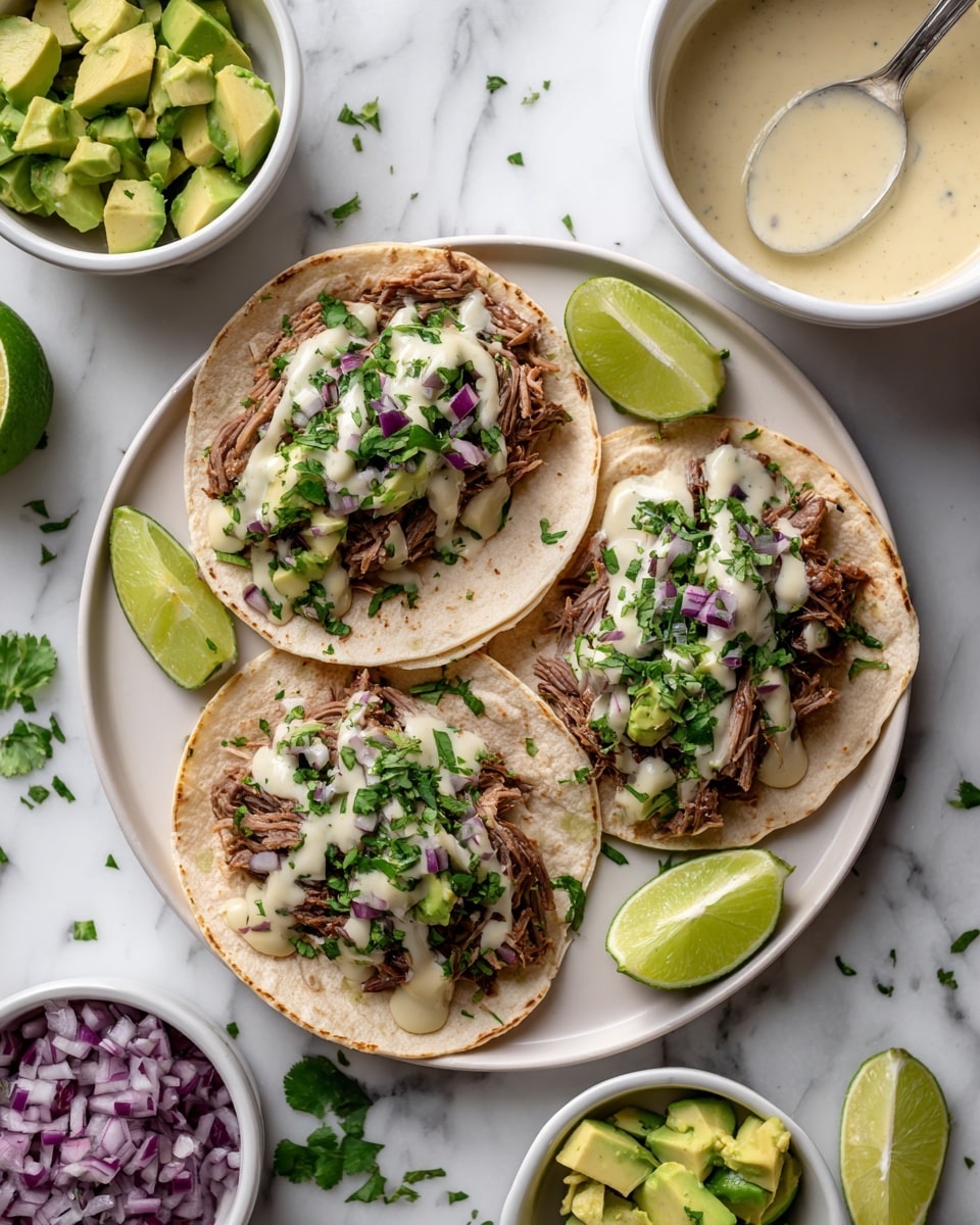 Three small white tortillas, each with a layer of shredded brown meat, topped with light green avocado chunks, small pieces of purple onion, chopped green cilantro, and drizzled with a creamy light beige sauce with green flecks, arranged on a white plate along with a lime wedge. Surrounding the plate are small white bowls, one with avocado pieces, one with diced purple onions, and one with creamy sauce and a spoon inside, all on a white marbled surface with three lime slices placed near the bowls. photo taken with an iphone --ar 4:5 --v 7