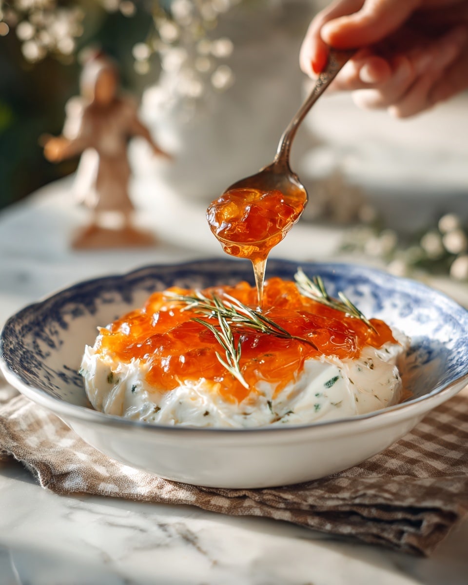 The dish is served in a white bowl with a blue outer edge placed on a checked cloth. It has two clear layers: the bottom layer is creamy white with visible green herbs mixed in, showing a soft and slightly chunky texture, while the top layer is a bright, shiny orange jelly that smooths over the creamy base in thick pockets, creating a glossy, almost translucent finish. In the background, a woman's hand is holding a small figure. The setting includes soft natural light and a white marbled surface underneath. Photo taken with an iphone --ar 4:5 --v 7