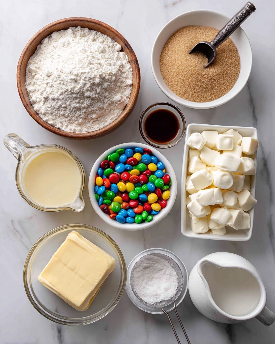 A top-down view of various baking ingredients arranged neatly on a white marbled surface. In the top left, there is a wooden bowl filled with white all-purpose flour with a dark metal scoop resting inside. To the right, a clear glass bowl holds light brown sugar with a slightly crumbly texture. Below it, a white bowl is filled with colorful M&M's candies, showing a mix of red, yellow, green, blue, orange, and brown pieces. Next to it is a small white cup filled with dark brown pure vanilla extract. At the bottom left, a glass jar with sweetened condensed milk shows a creamy pale yellow liquid. Beside this jar, a round glass bowl contains smooth-textured white baking chips. To the right of the chips, a white small pitcher holds half and half cream, with a smooth white liquid visible. Near the bottom center, a square white dish contains a block of salted sweet cream butter, pale yellow and smooth. Finally, a wooden bowl filled with white granulated sugar sits at the bottom right, with a metal sifter resting on top. Photo taken with an iphone --ar 4:5 --v 7