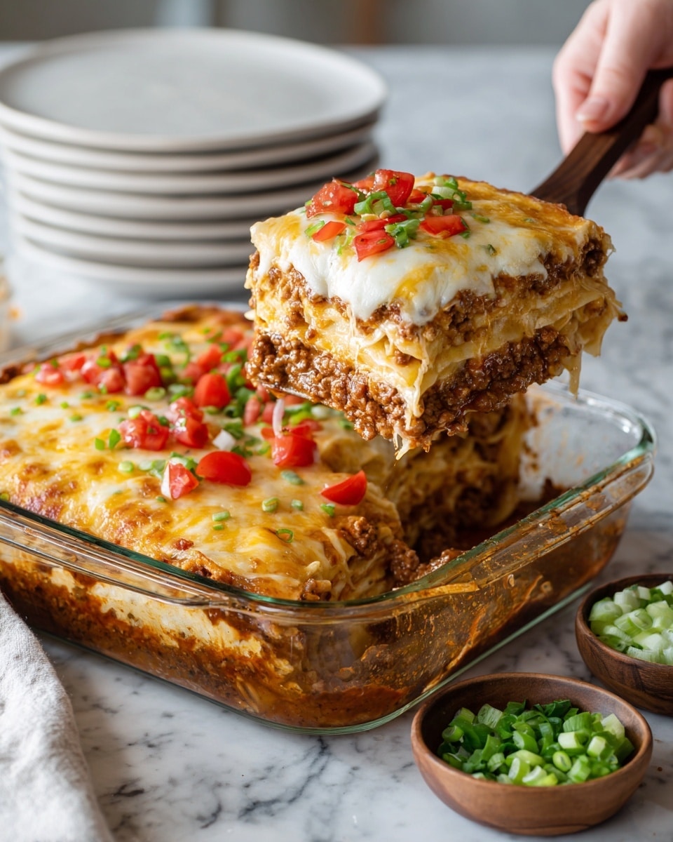 A glass baking dish holds a layered casserole with three visible layers: the bottom layer is a rich brown meat sauce, the middle layer is a mix of noodles and cheese with a light yellow color, and the top layer is melted golden and white cheese covered with small diced red tomatoes and green onions scattered on top. A woman's hand is lifting a large portion with a dark wooden spatula, showing the thick, cheesy layers. The dish sits on a white marbled surface with small bowls of green onions and a white plate stack in the background. Photo taken with an iphone --ar 4:5 --v 7